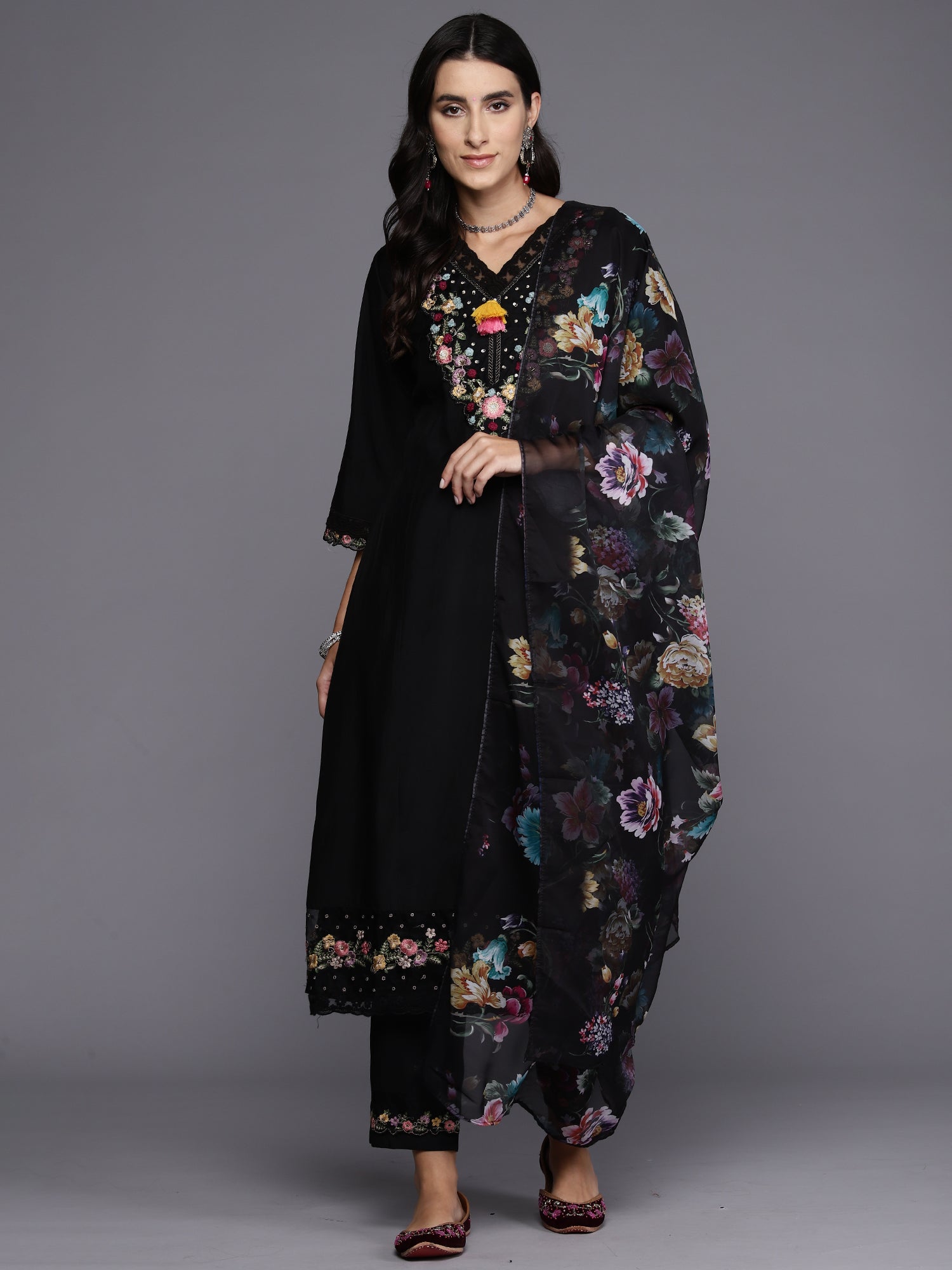 Black Embroidered A-Line Kurta Trousers With Dupatta Set
