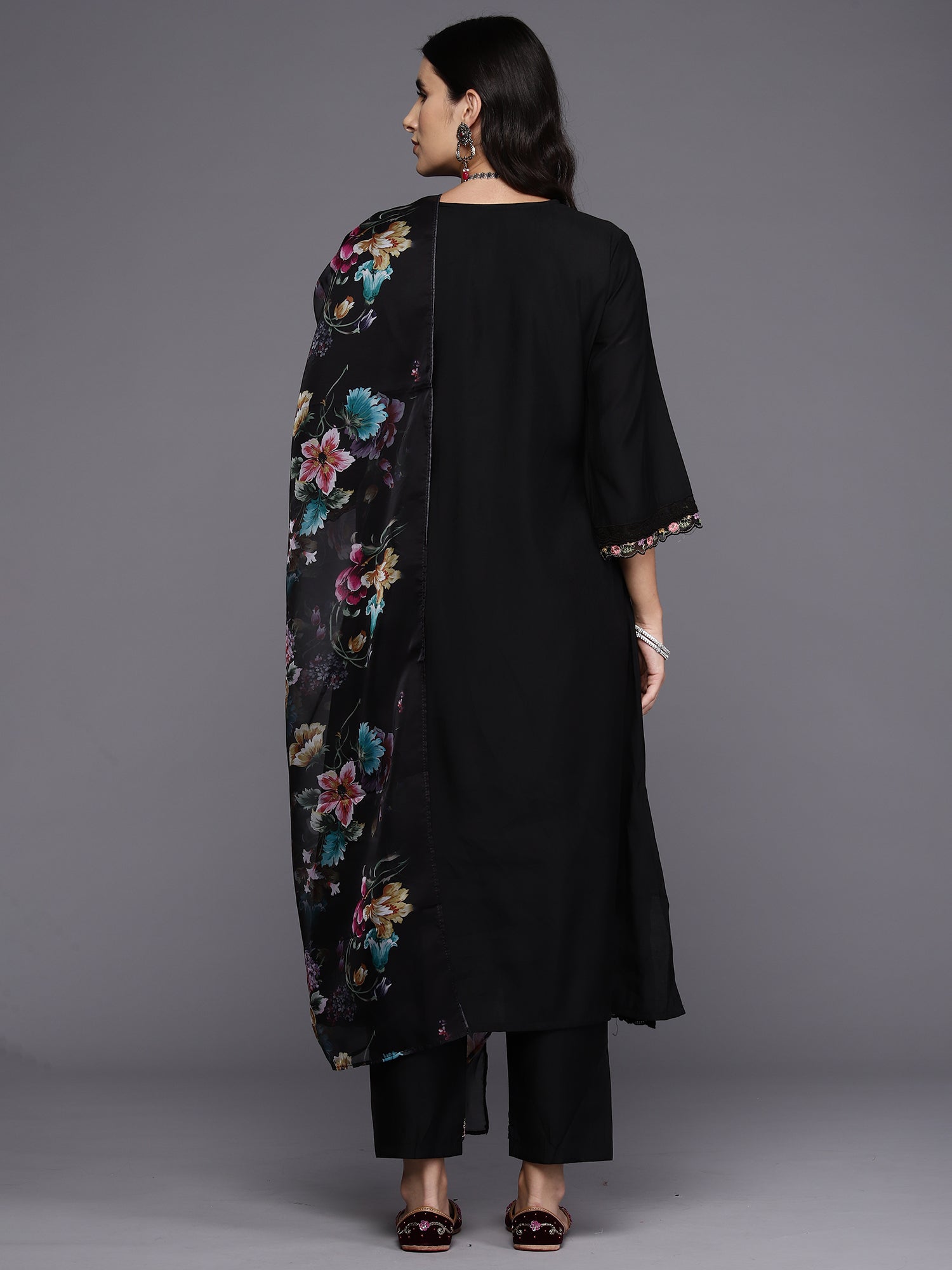 Black Embroidered A-Line Kurta Trousers With Dupatta Set