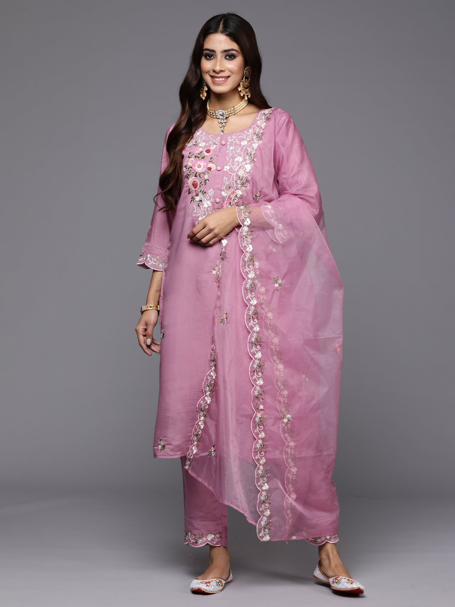 Lavender Embroidered Straight Kurta Trousers With Dupatta Set