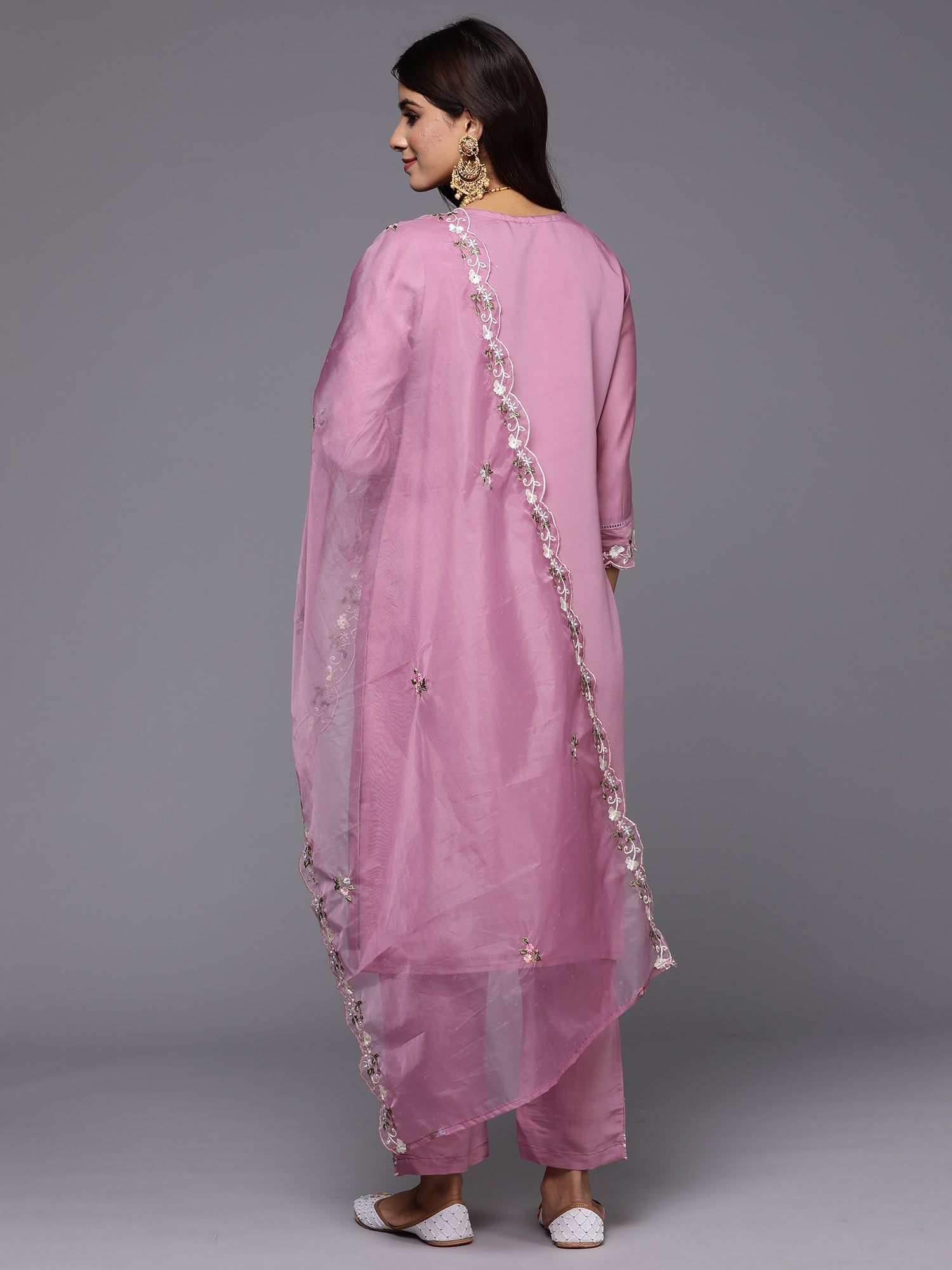 Lavender Embroidered Straight Kurta Trousers With Dupatta Set