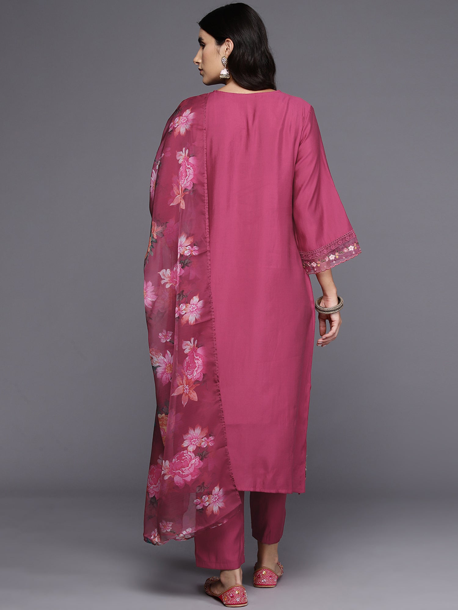 Pink Embroidered A-Line Kurta Trousers With Dupatta Set