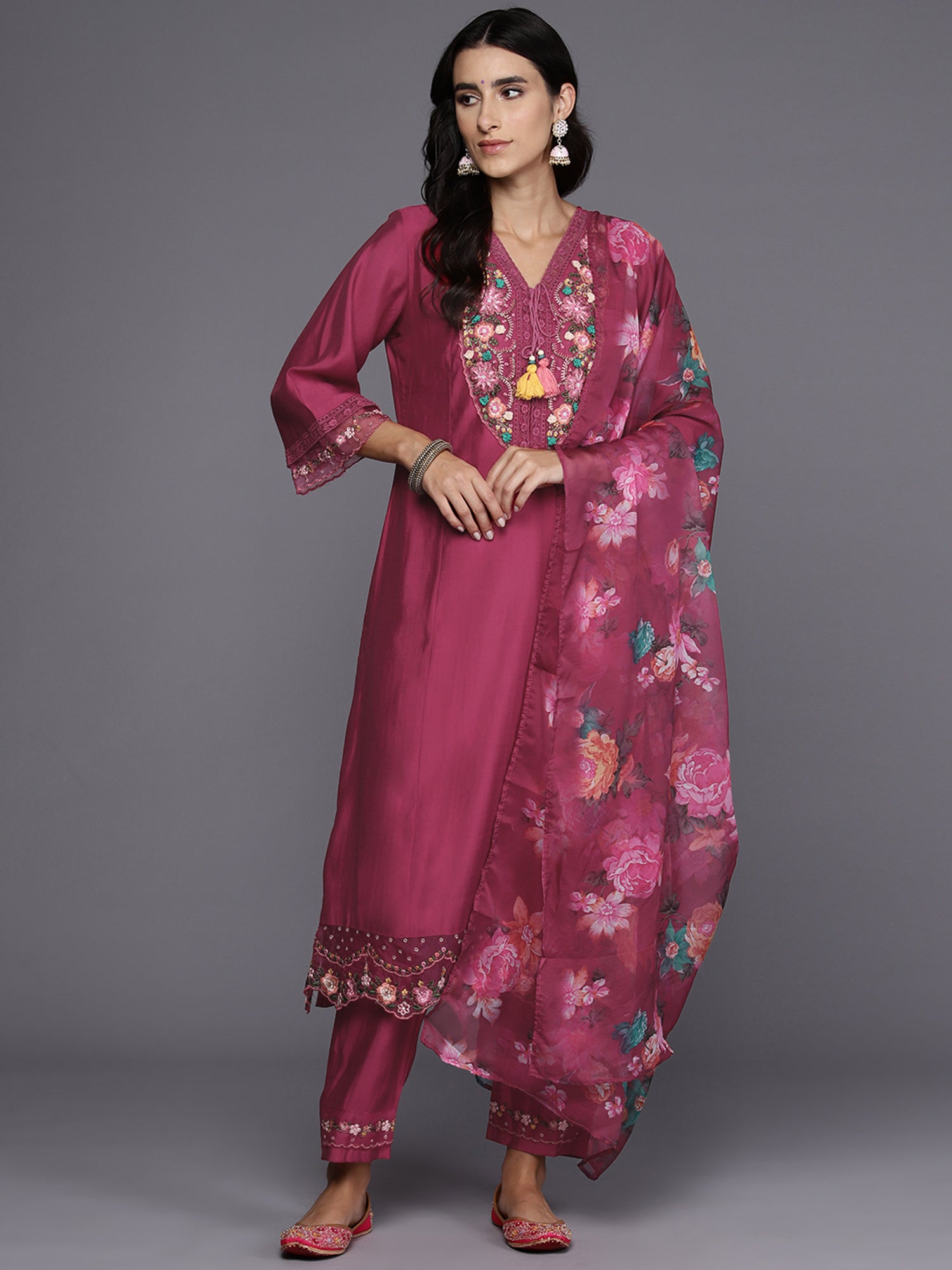 Pink Embroidered A-Line Kurta Trousers With Dupatta Set
