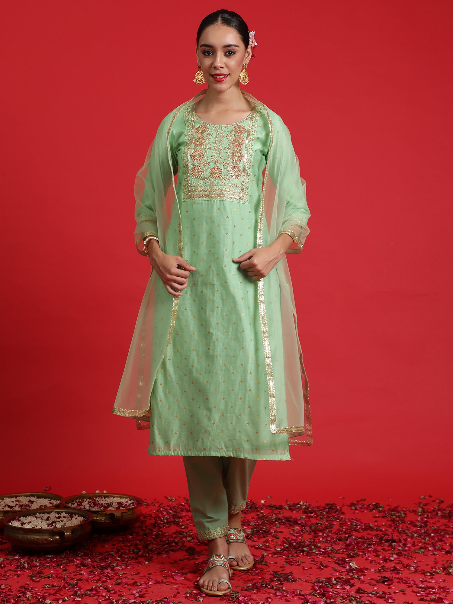 Green Embroidered Straight Kurta Trousers With Dupatta Set