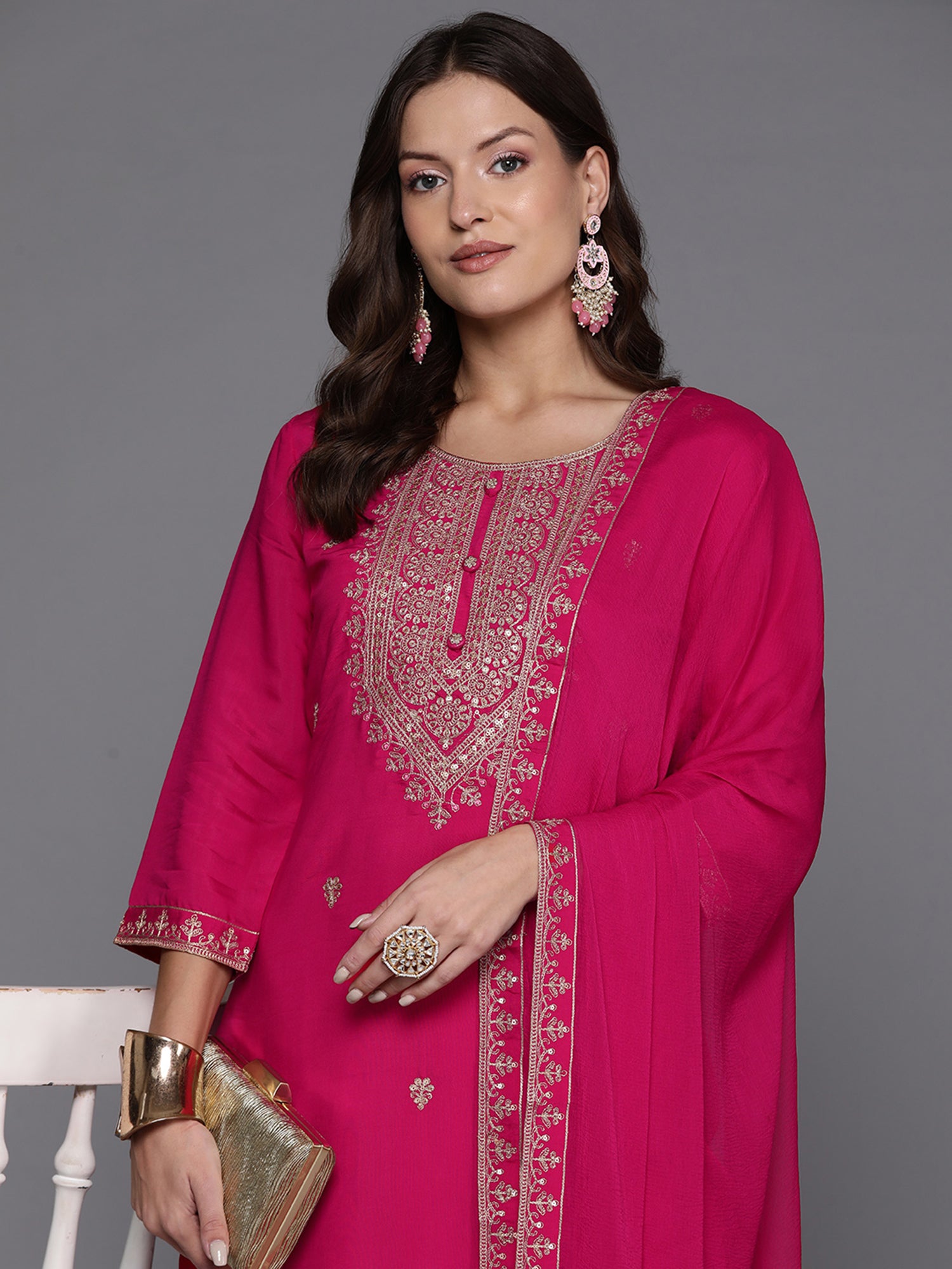 Pink Embroidered Straight Kurta Trousers With Dupatta Set