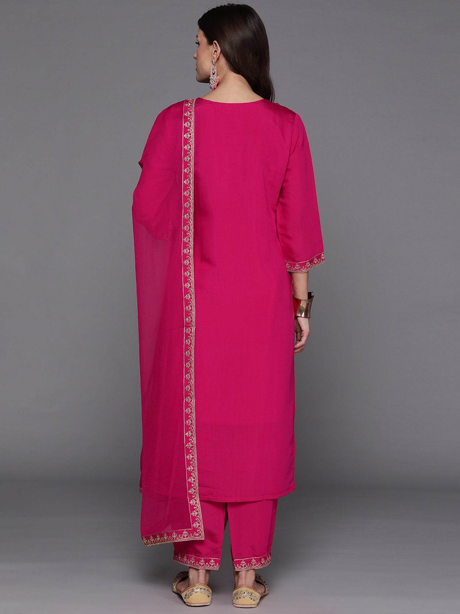 Pink Embroidered Straight Kurta Trousers With Dupatta Set