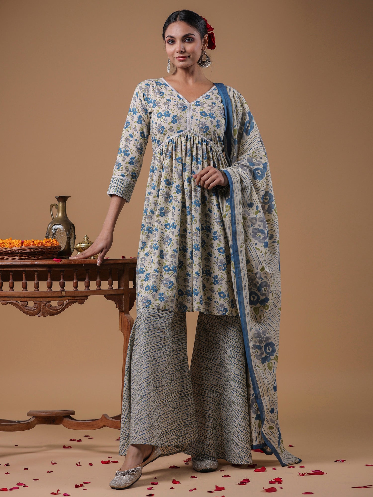Beige Printed A-Line Kurta Sharara With Dupatta set