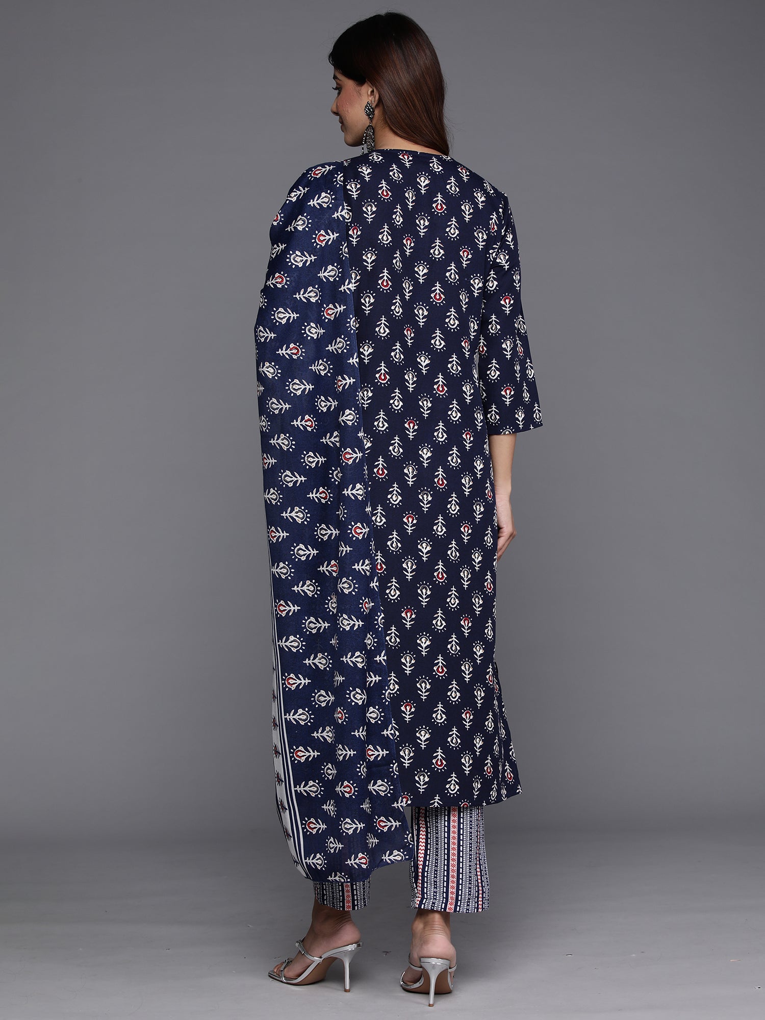 Navy Blue Printed Straight Kurta Trousers With Dupatta Set