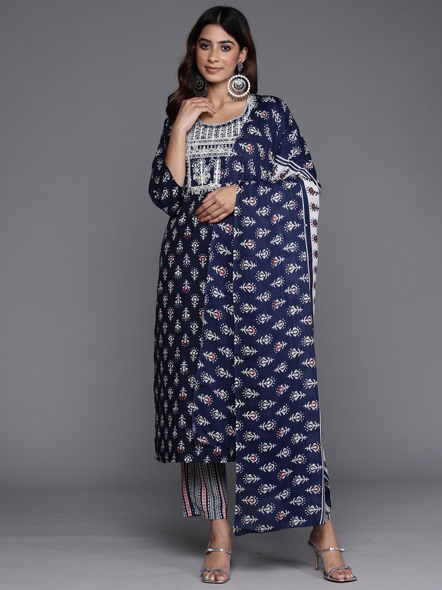 Navy Blue Printed Straight Kurta Trousers With Dupatta Set