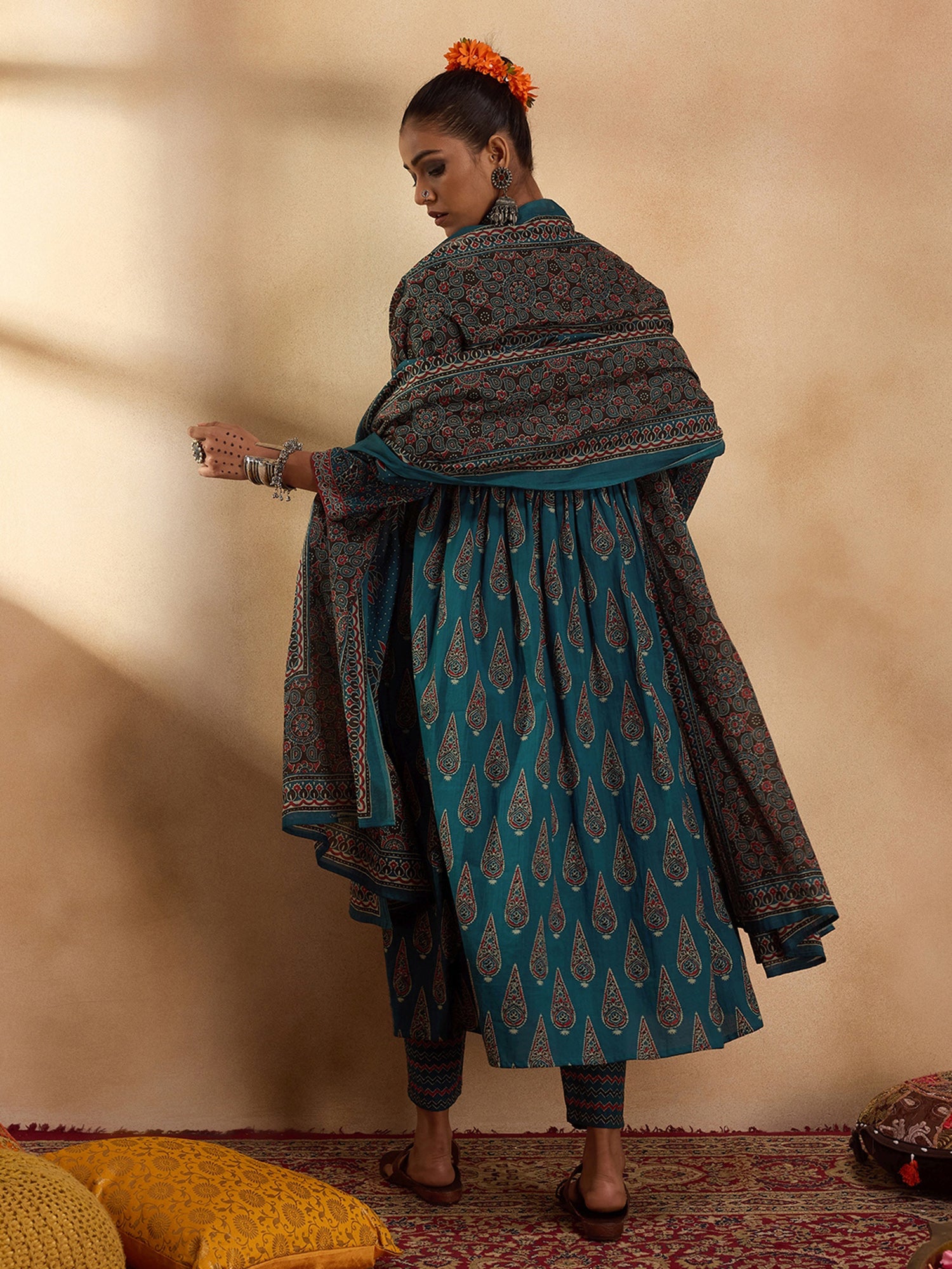 Teal Printed A-Line Kurta Trousers With Dupatta set