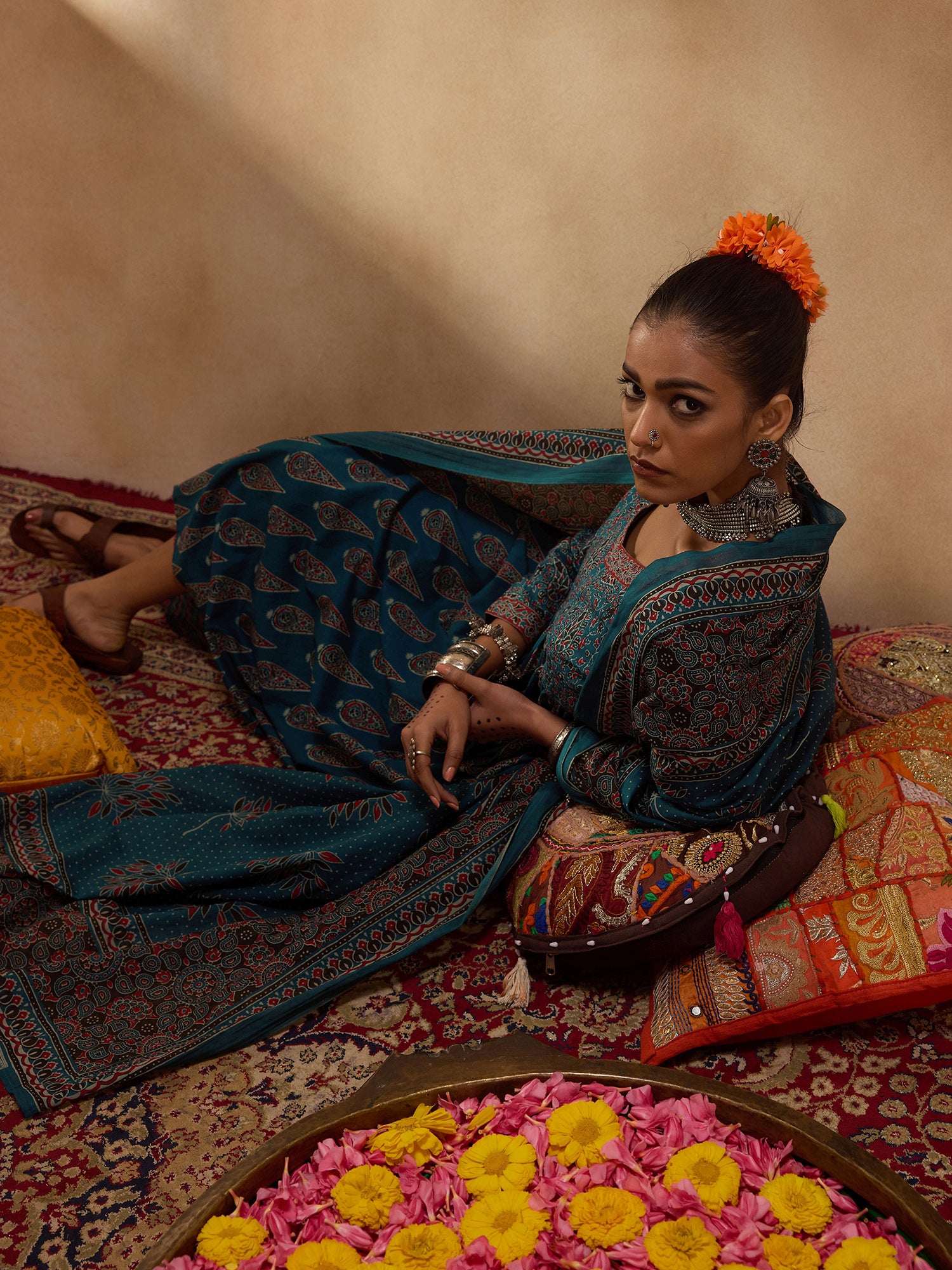 Teal Printed A-Line Kurta Trousers With Dupatta set