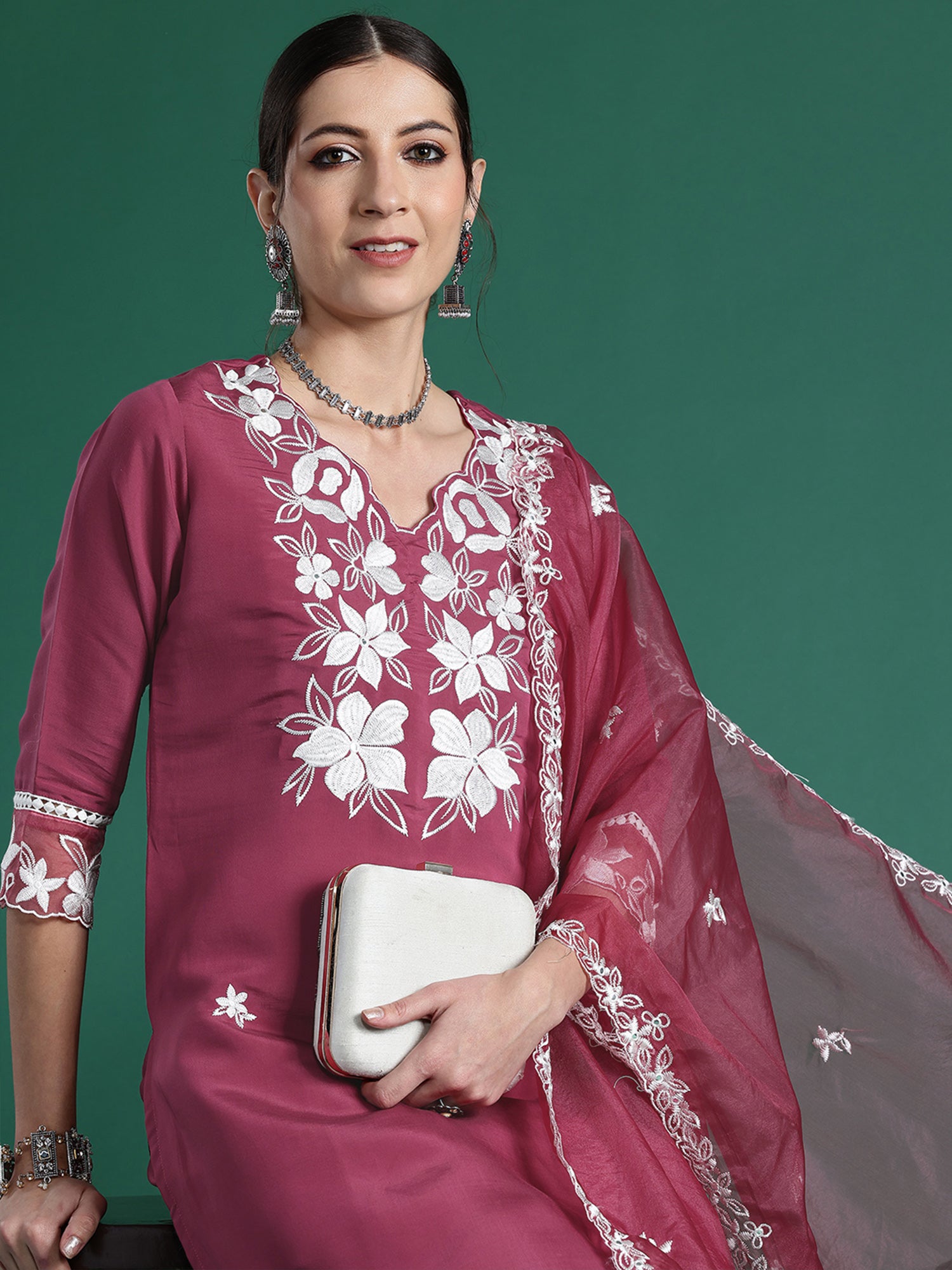 Pink Embroidered Straight Kurta Trousers With Dupatta Set