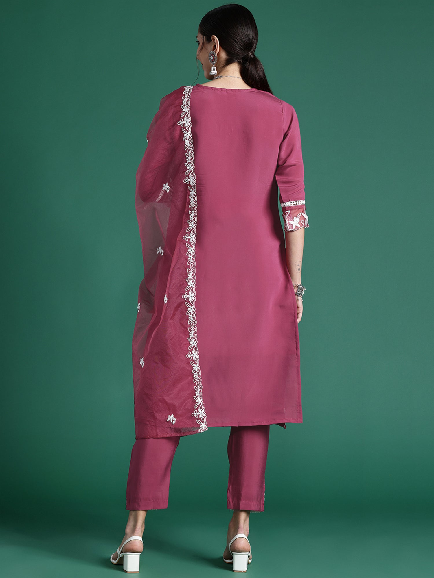 Pink Embroidered Straight Kurta Trousers With Dupatta Set