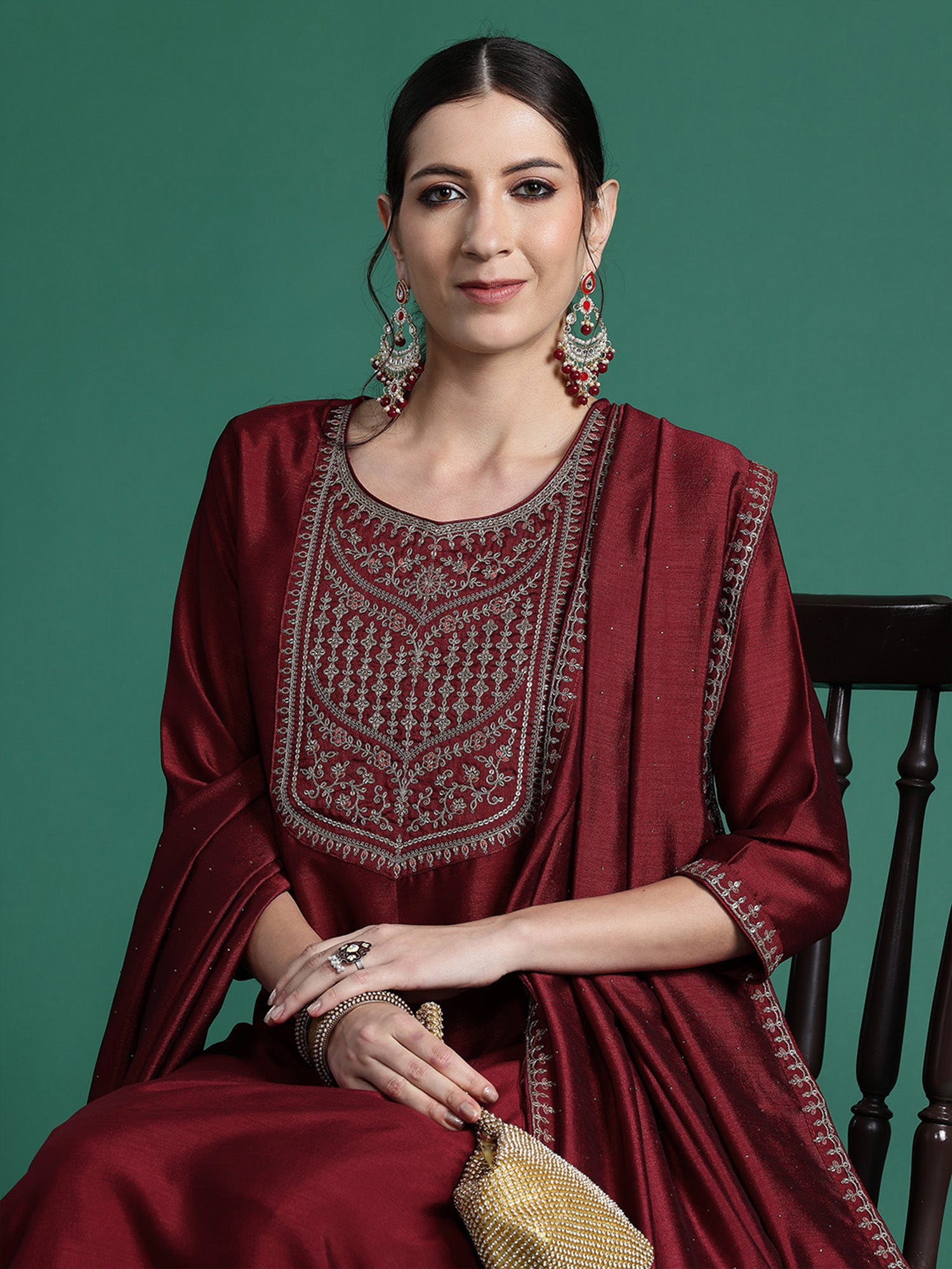Maroon Embroidered Straight Kurta Trousers With Dupatta Set