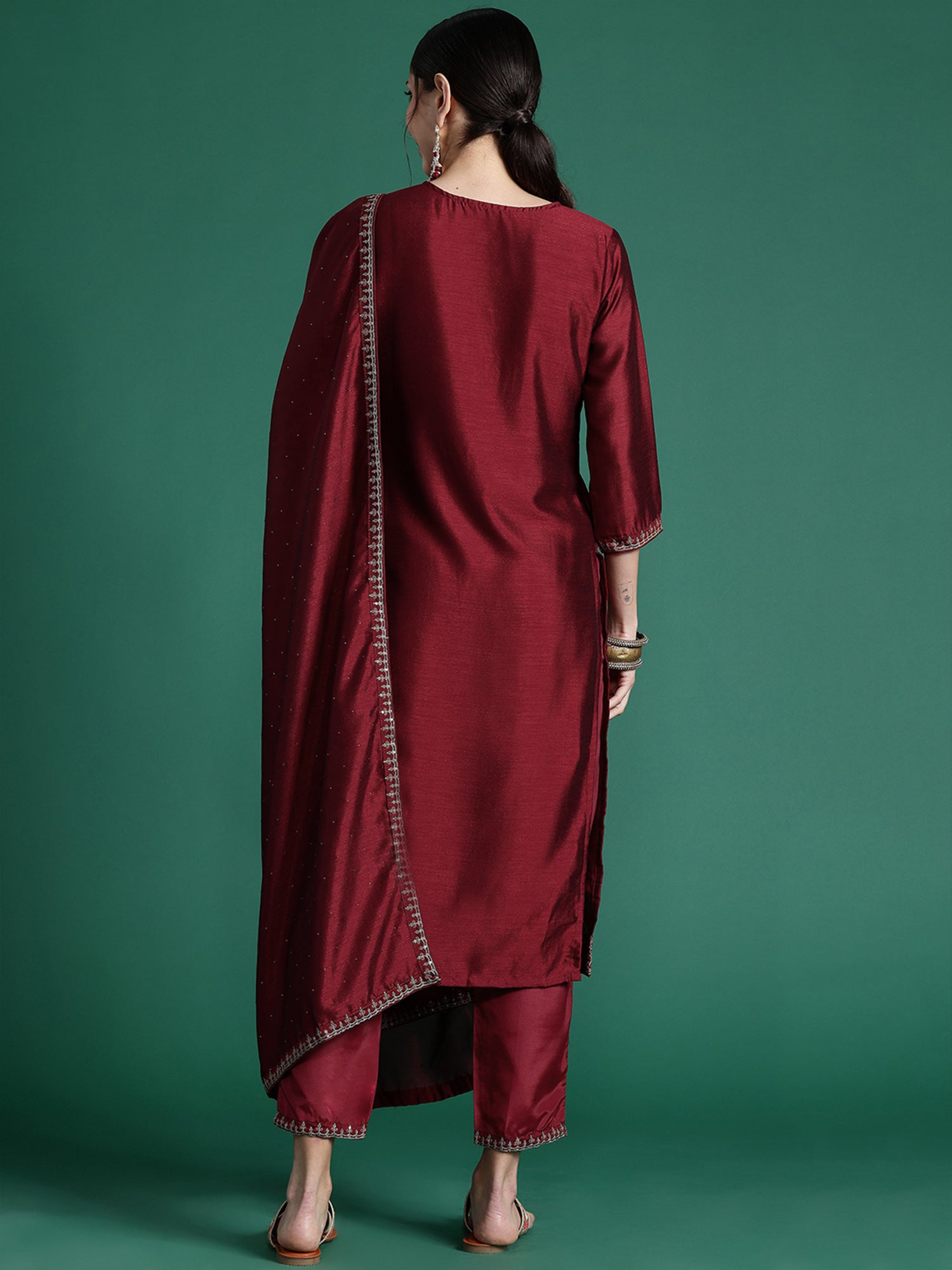 Maroon Embroidered Straight Kurta Trousers With Dupatta Set