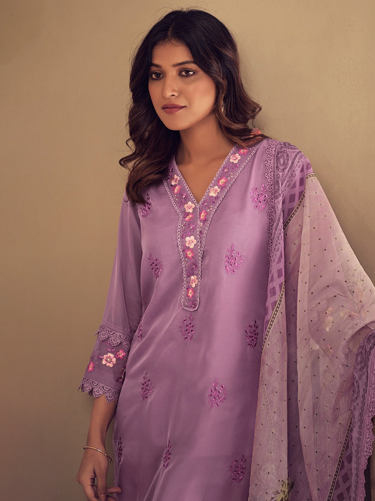Lavender Embroidered Straight Kurta Trousers With Dupatta Set