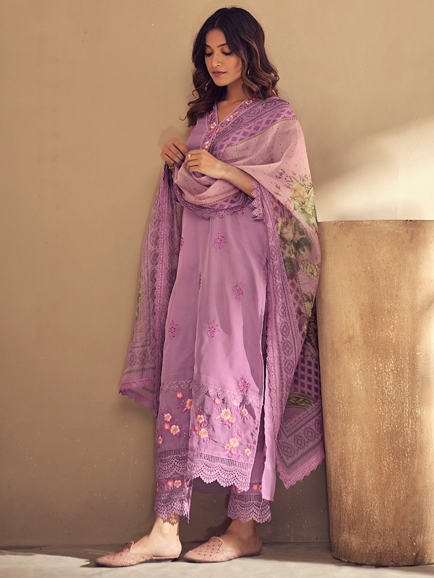 Lavender Embroidered Straight Kurta Trousers With Dupatta Set
