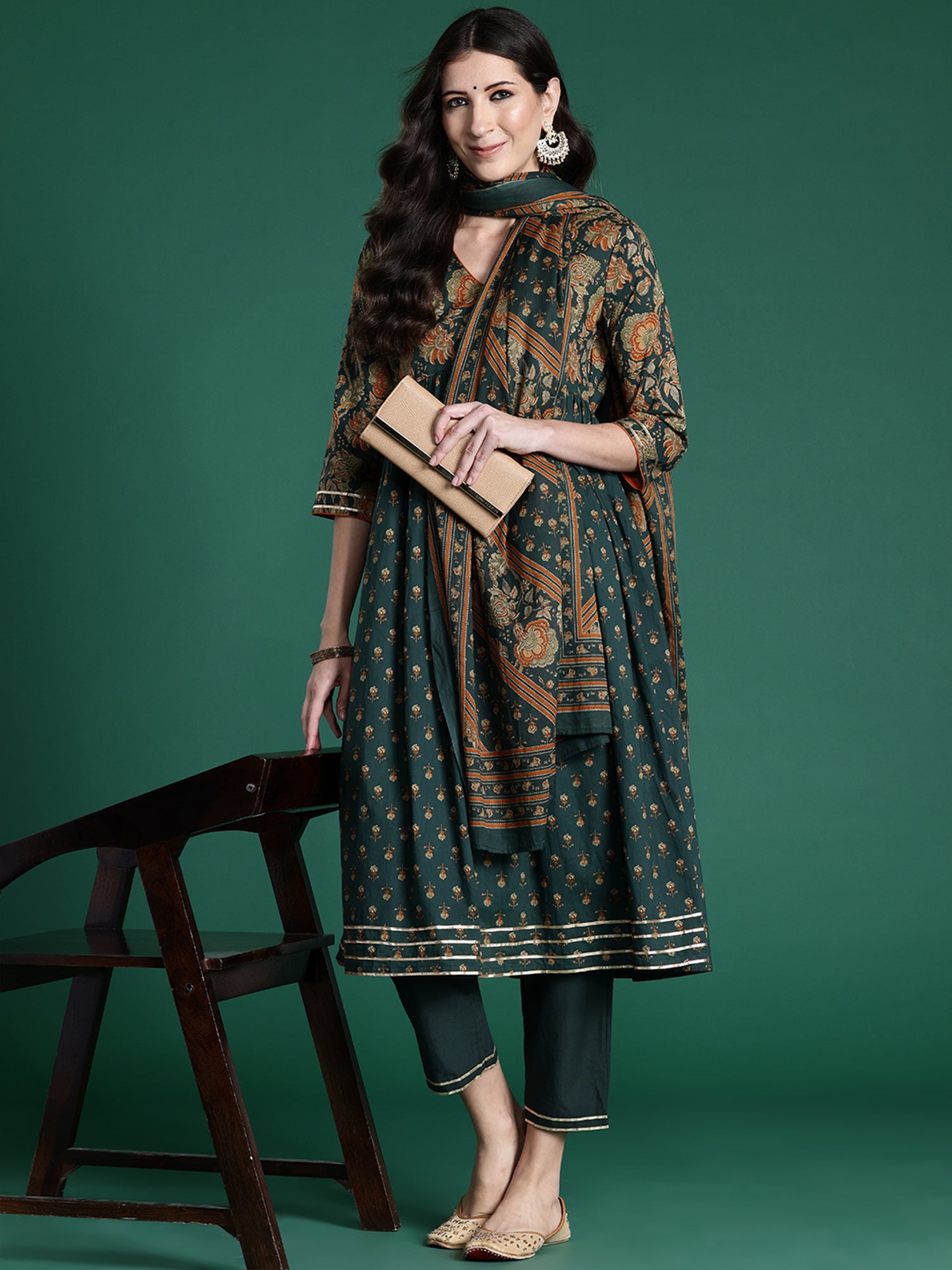 Green Printed A-Line Kurta Trousers With Dupatta set