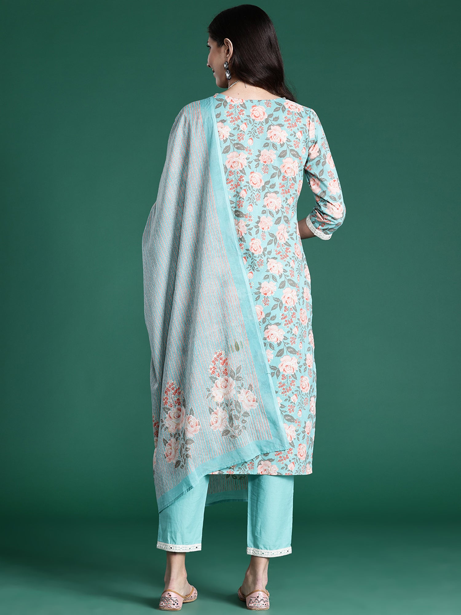 Blue Printed Straight Kurta Trousers With Dupatta Set