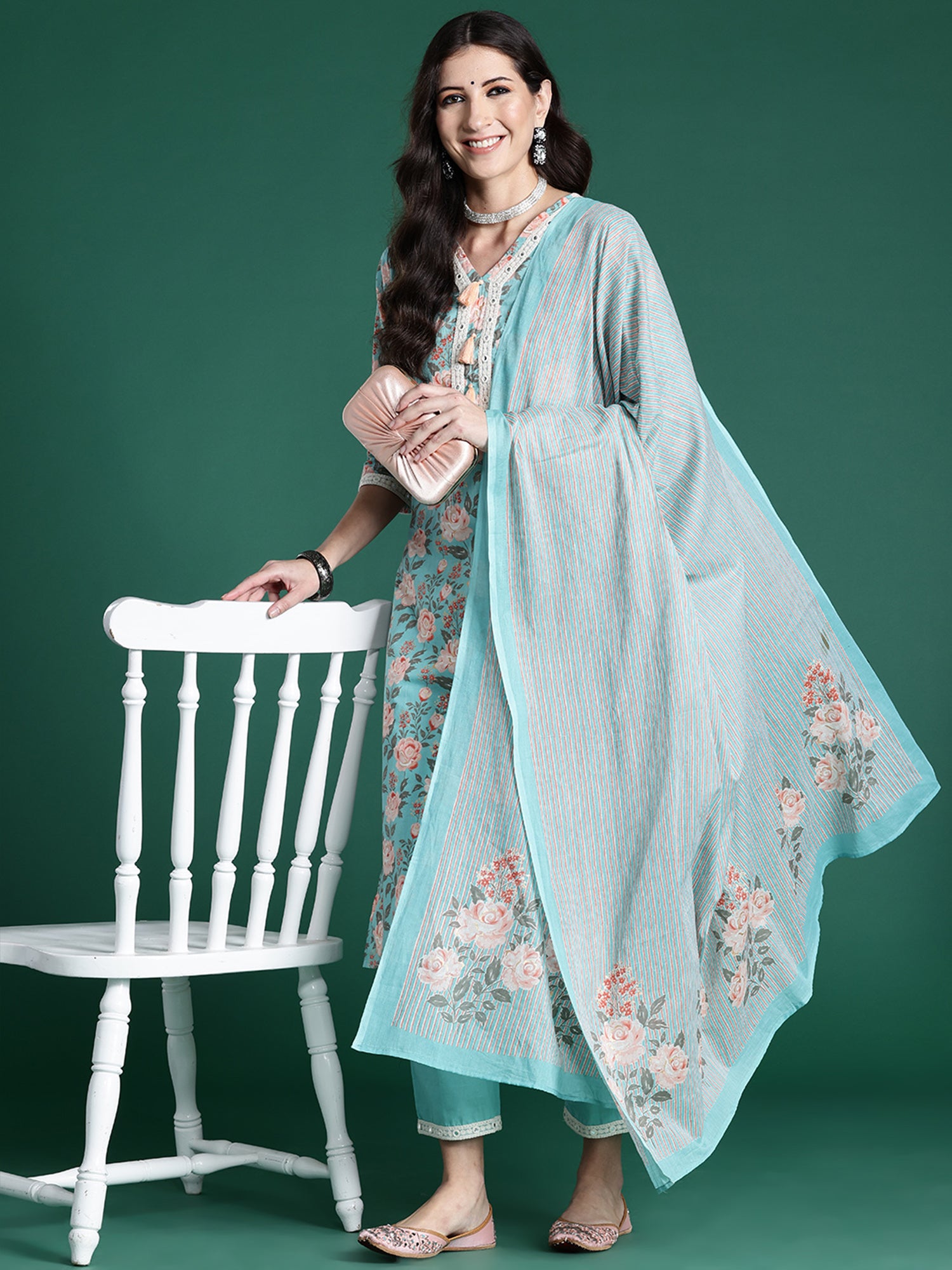 Blue Printed Straight Kurta Trousers With Dupatta Set