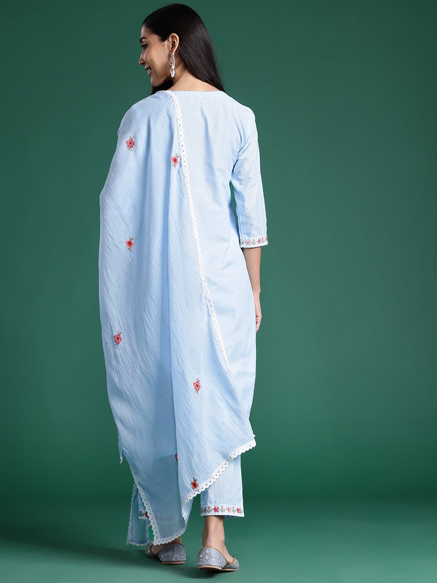 Blue Embroidered Straight Kurta Trousers With Dupatta Set