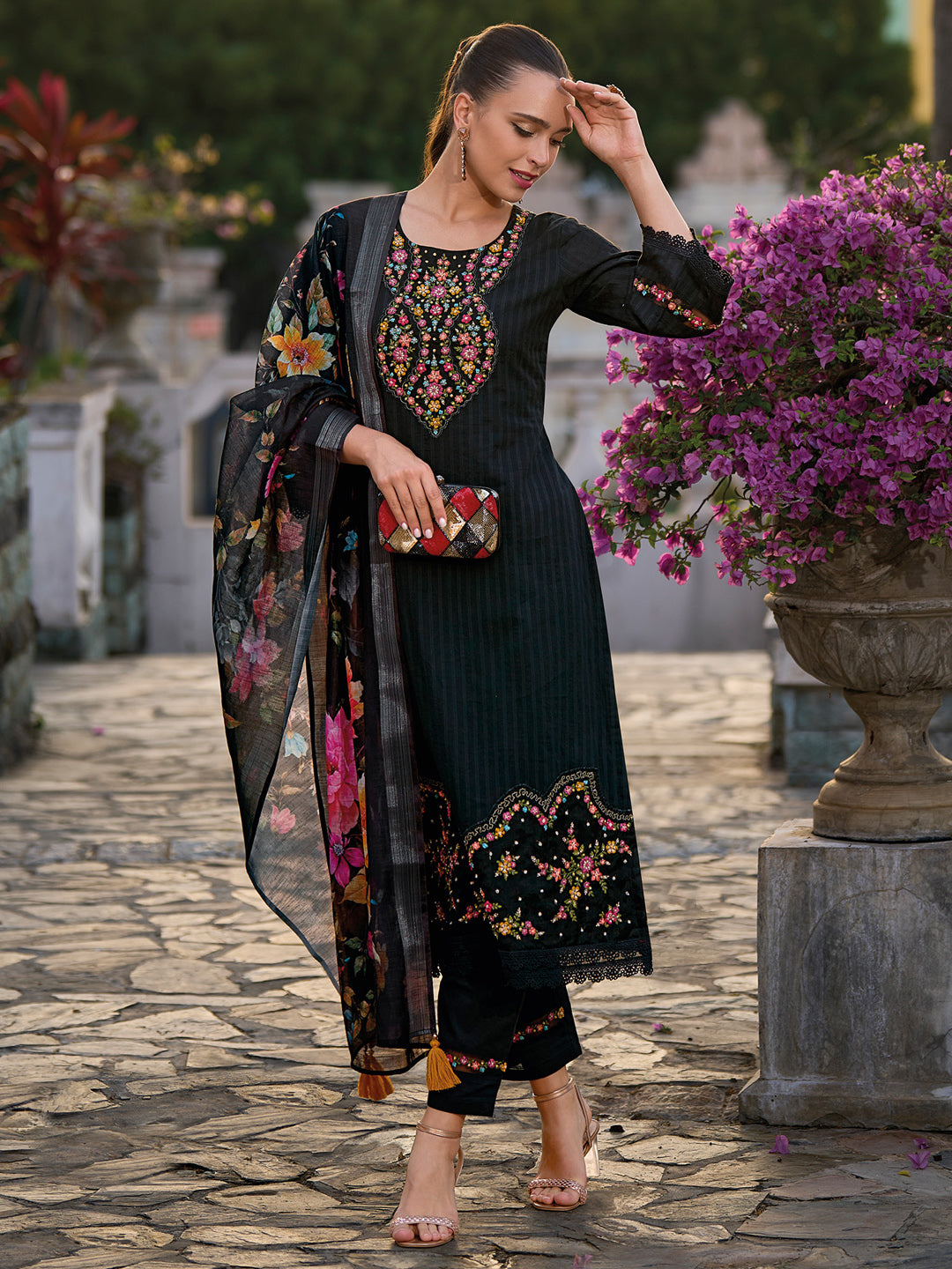 Black Embroidered Straight Kurta Trousers With Dupatta Set