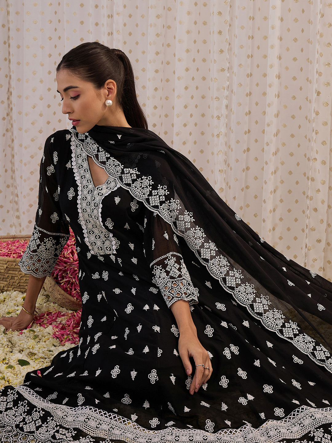 Black Embroidered Straight Kurta Trousers With Dupatta Set