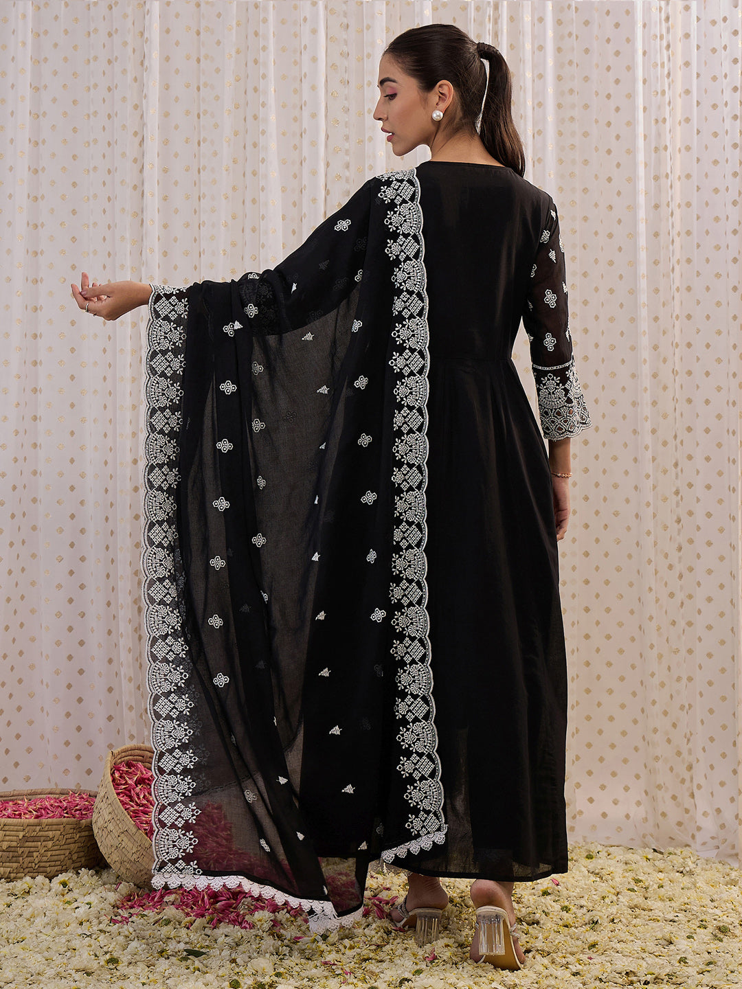 Black Embroidered Straight Kurta Trousers With Dupatta Set