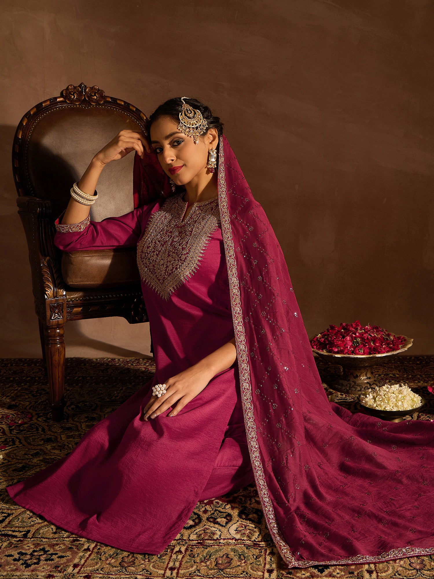 Red Embroidered Straight Kurta Trousers With Dupatta Set