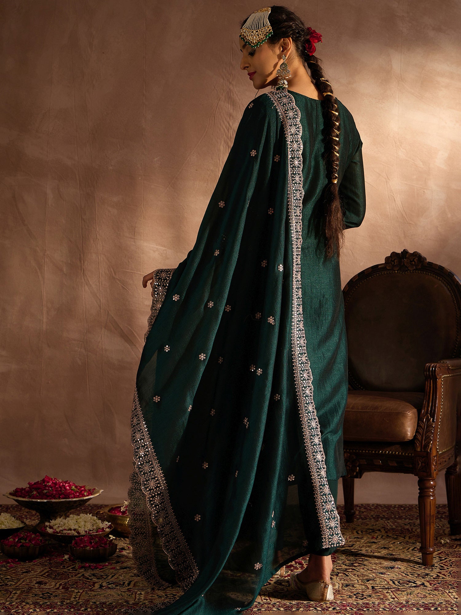 Green Embroidered Straight Kurta Trousers With Dupatta Set
