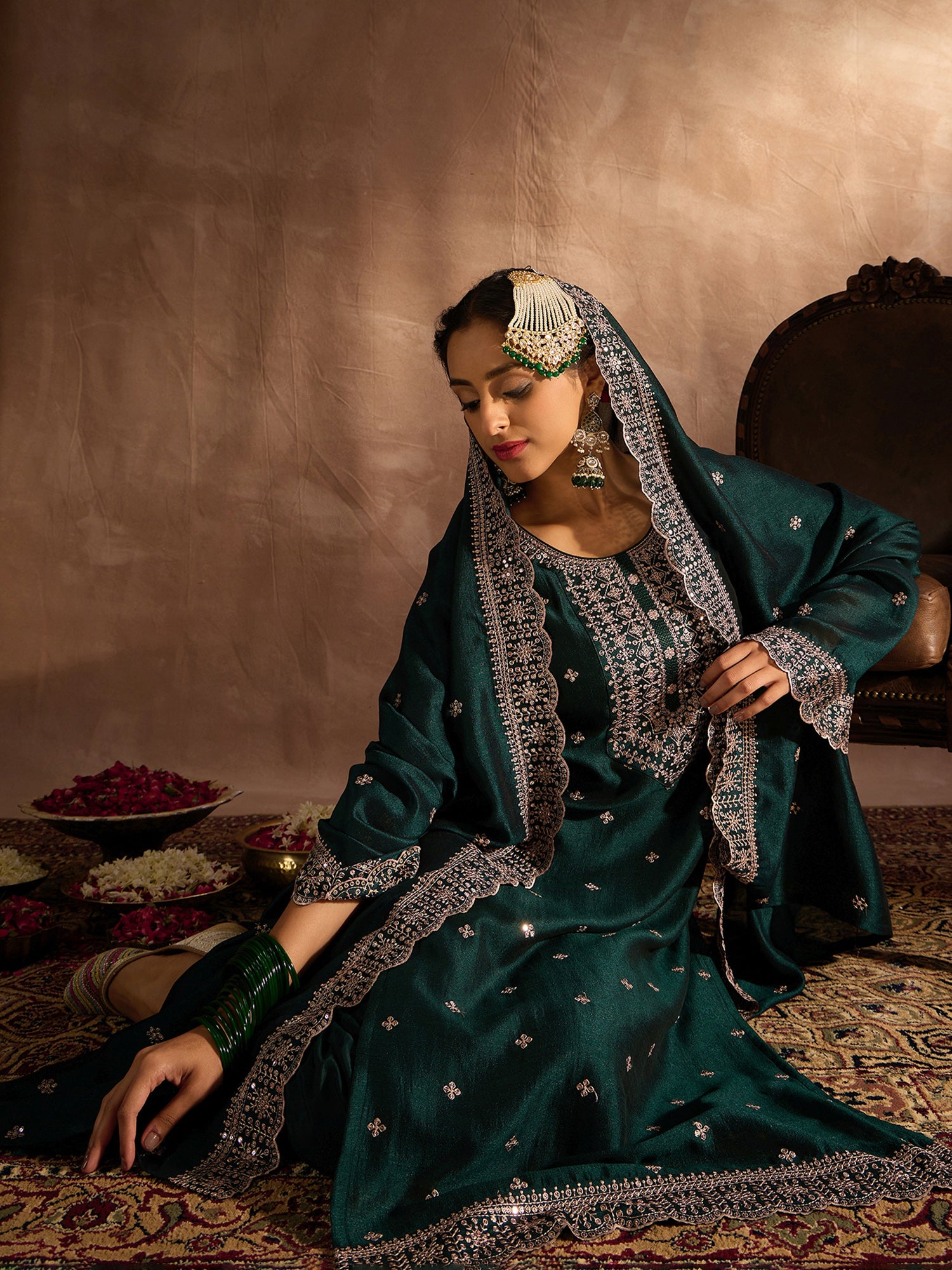 Green Embroidered Straight Kurta Trousers With Dupatta Set