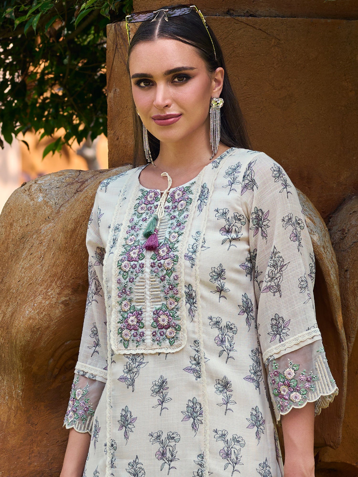 Off White Printed Straight Kurta Trousers With Dupatta set