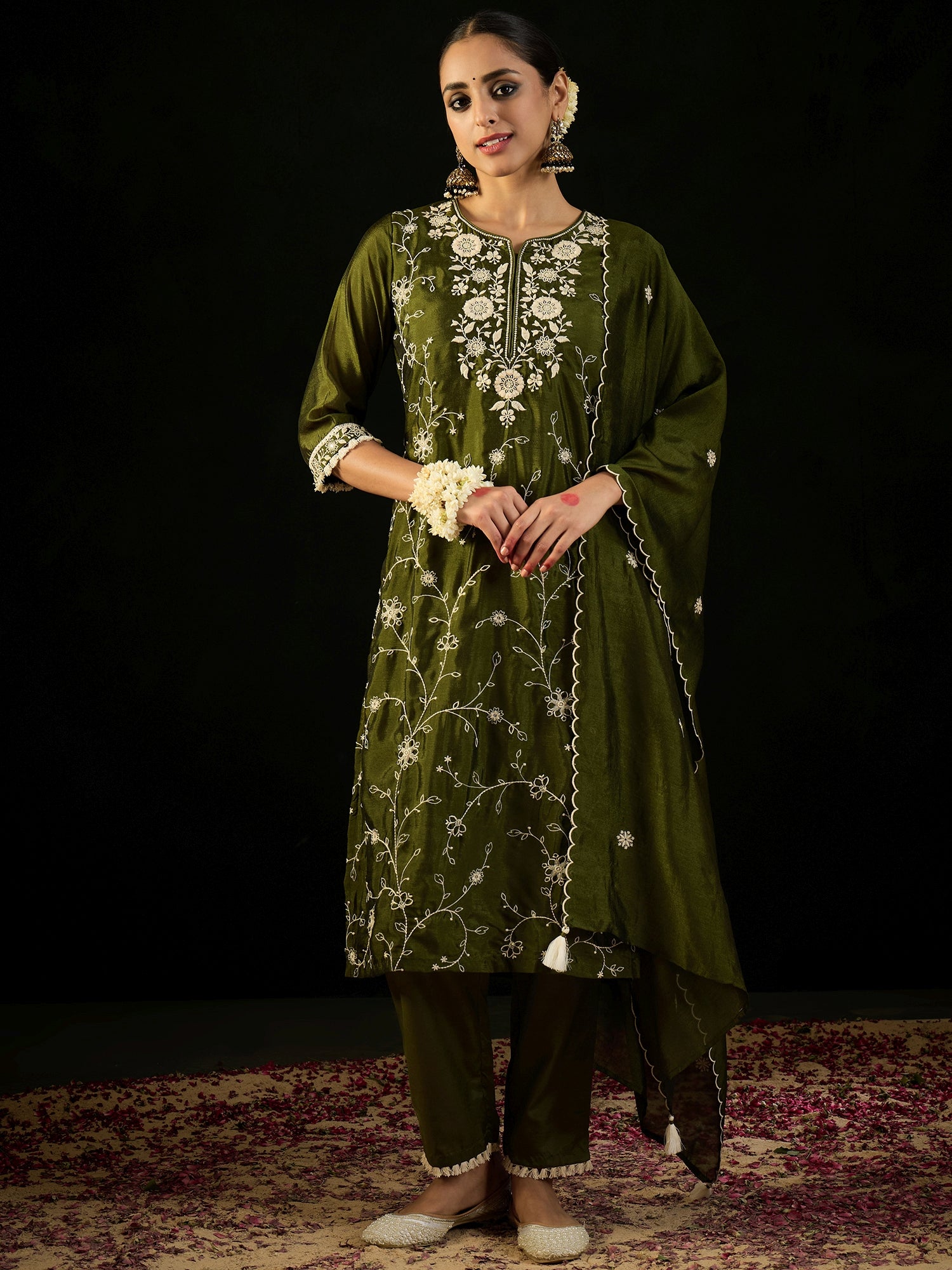 Green Embroidered Straight Kurta Trousers With Dupatta Set