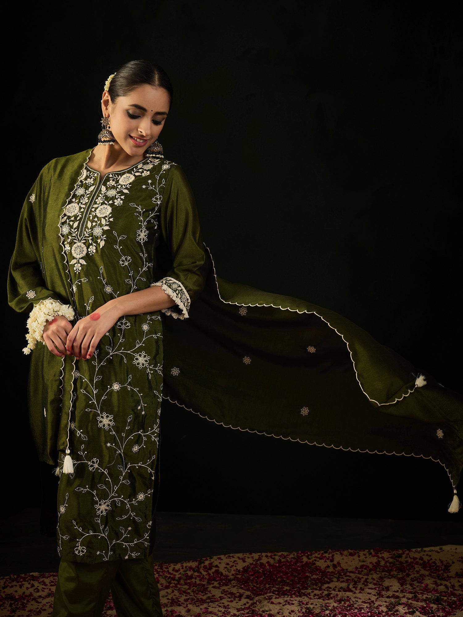 Green Embroidered Straight Kurta Trousers With Dupatta Set