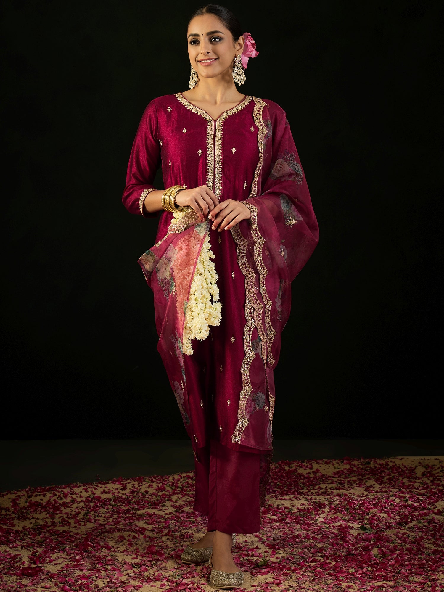 Maroon Embroidered Straight Kurta Trousers With Dupatta Set