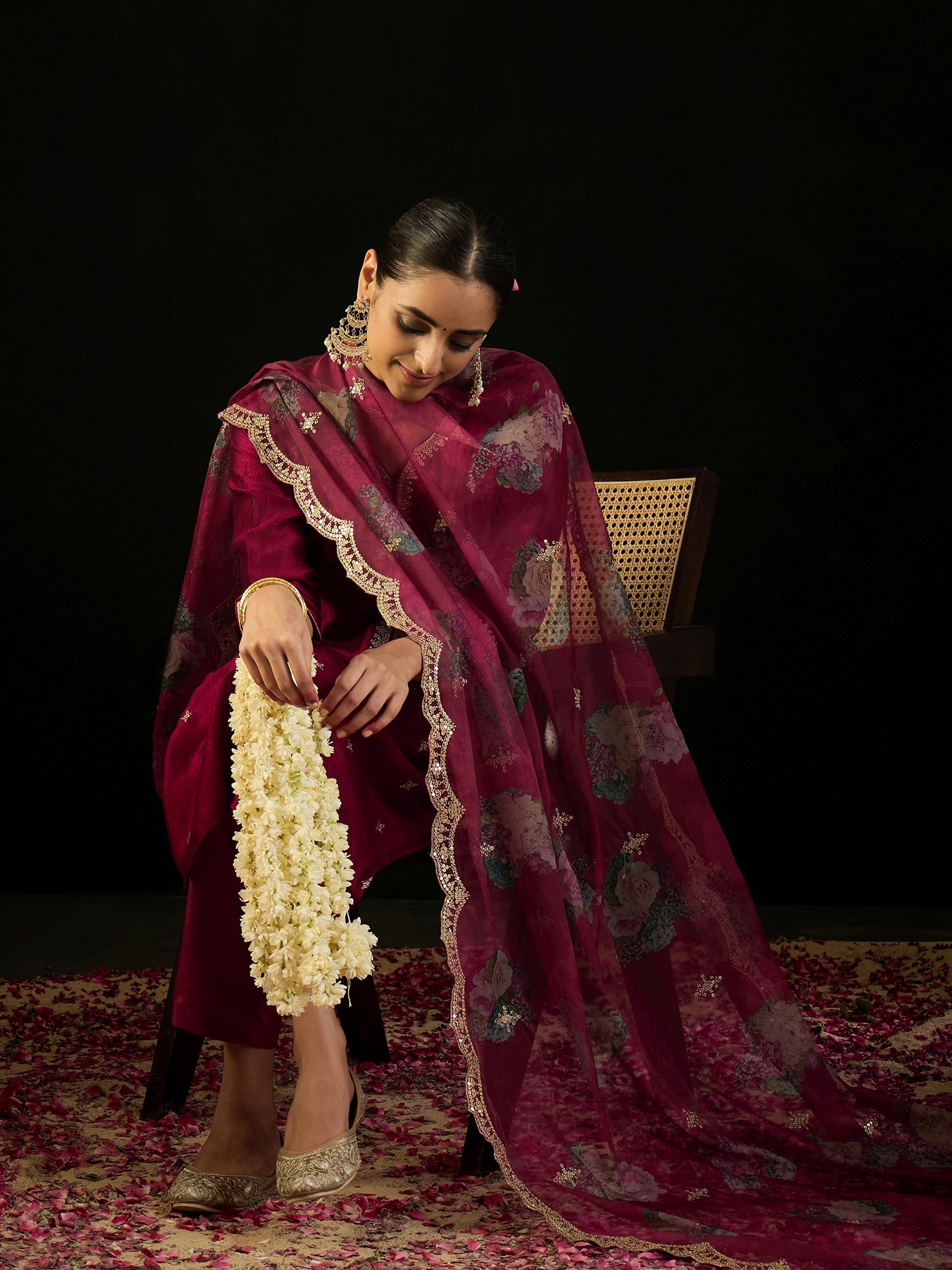 Maroon Embroidered Straight Kurta Trousers With Dupatta Set