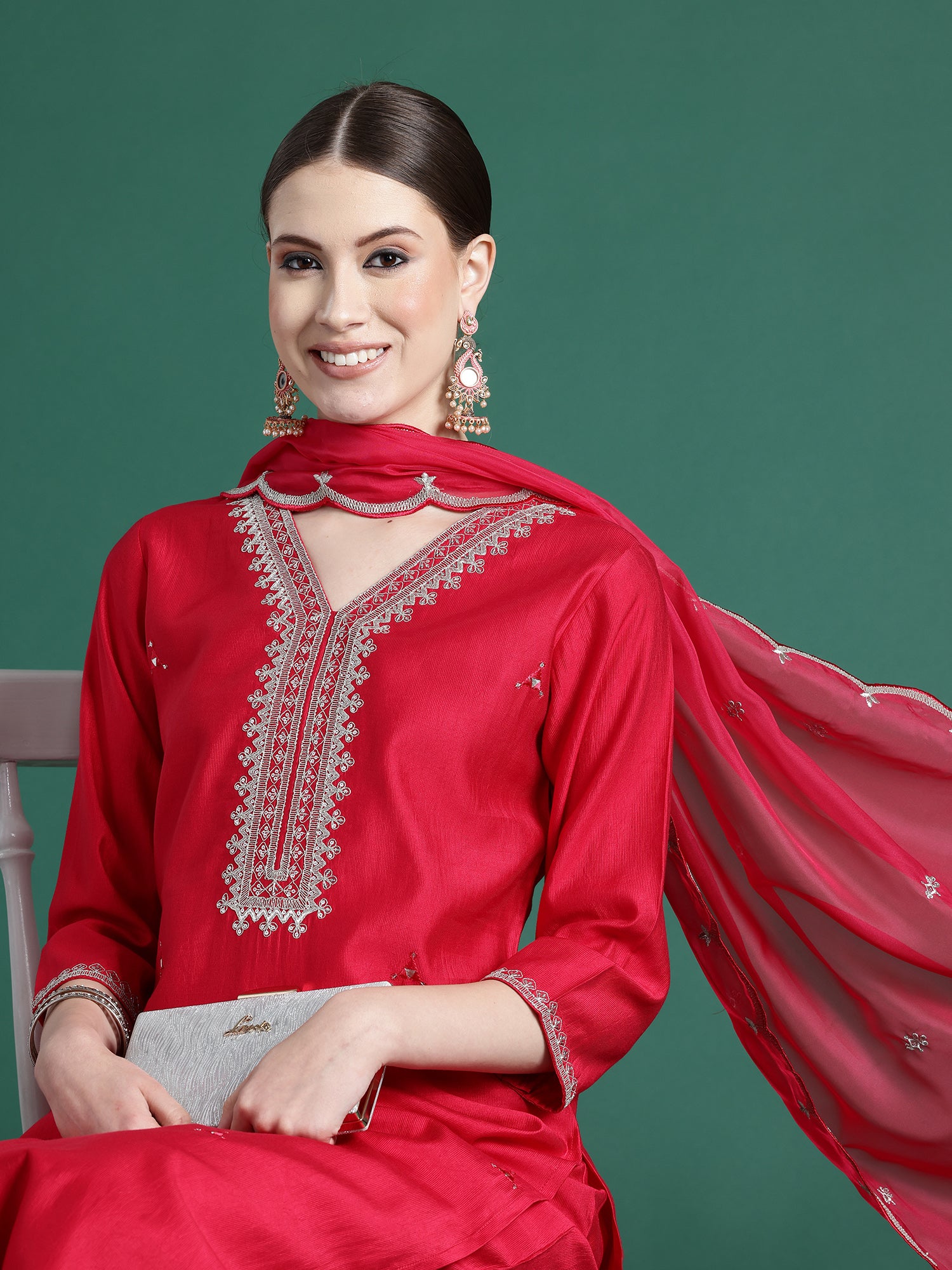 Pink Embroidered Straight Kurta Trousers With Dupatta Set