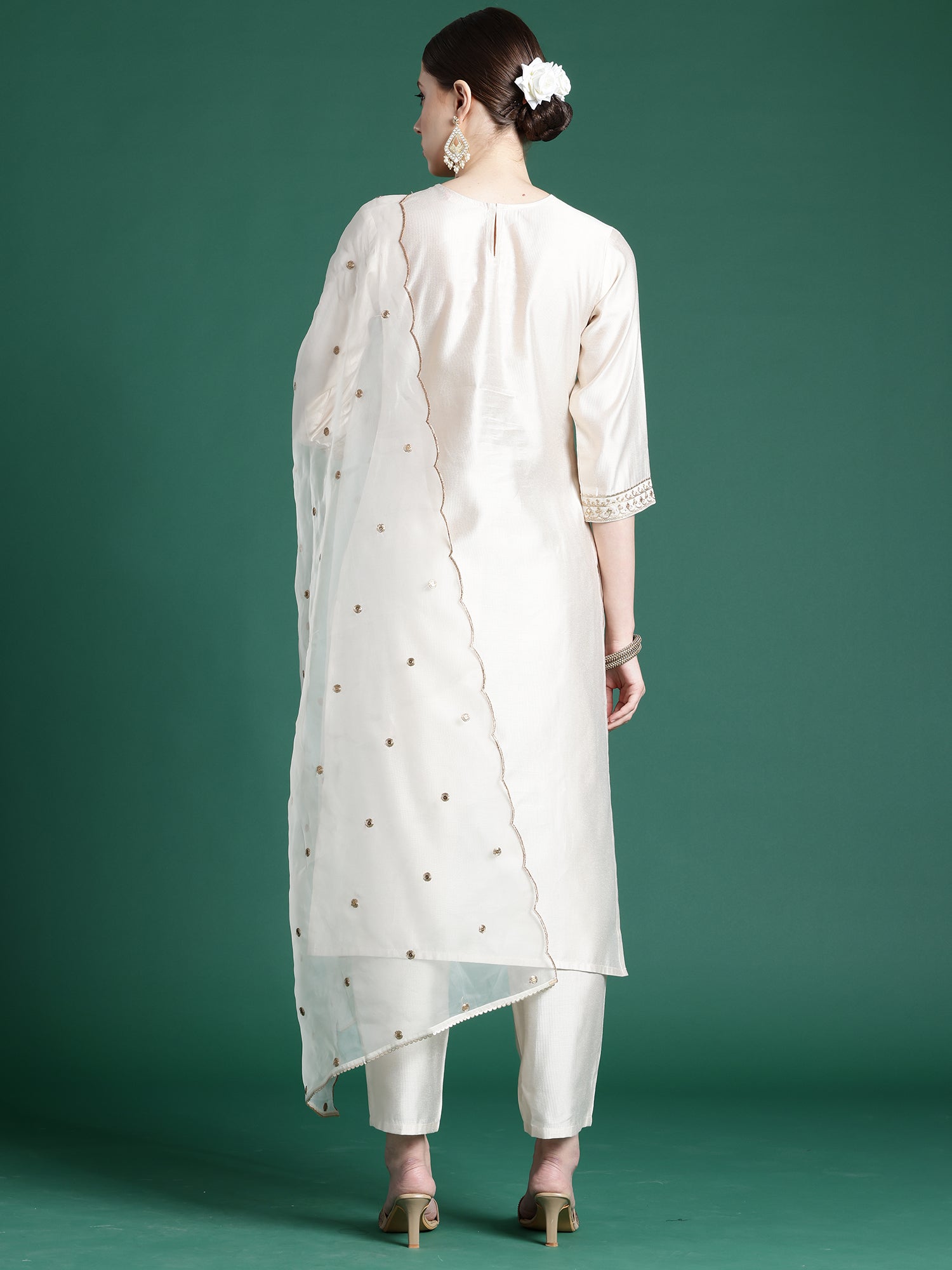 Off White Embroidered Straight Kurta Trousers With Dupatta Set