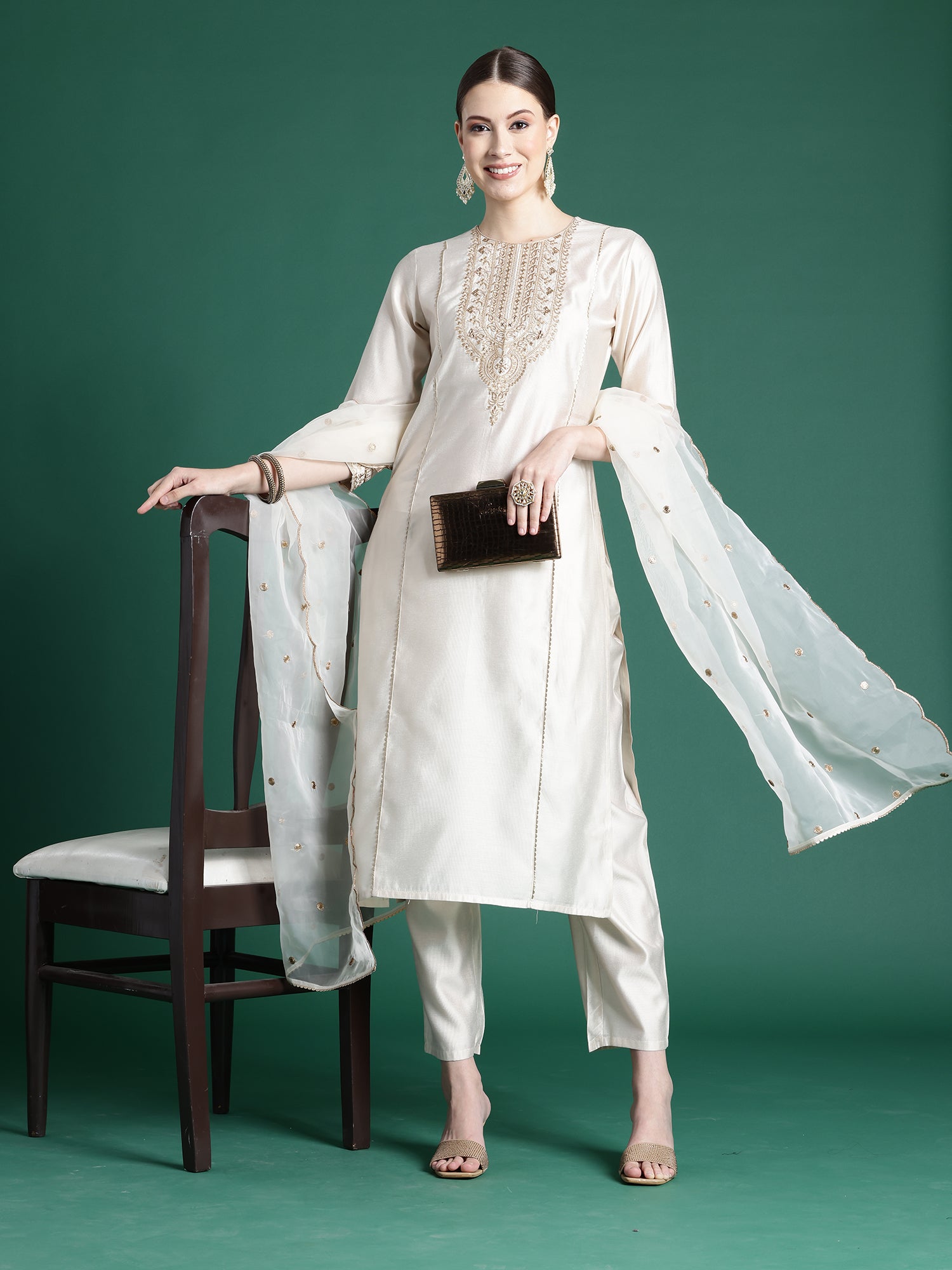 Off White Embroidered Straight Kurta Trousers With Dupatta Set