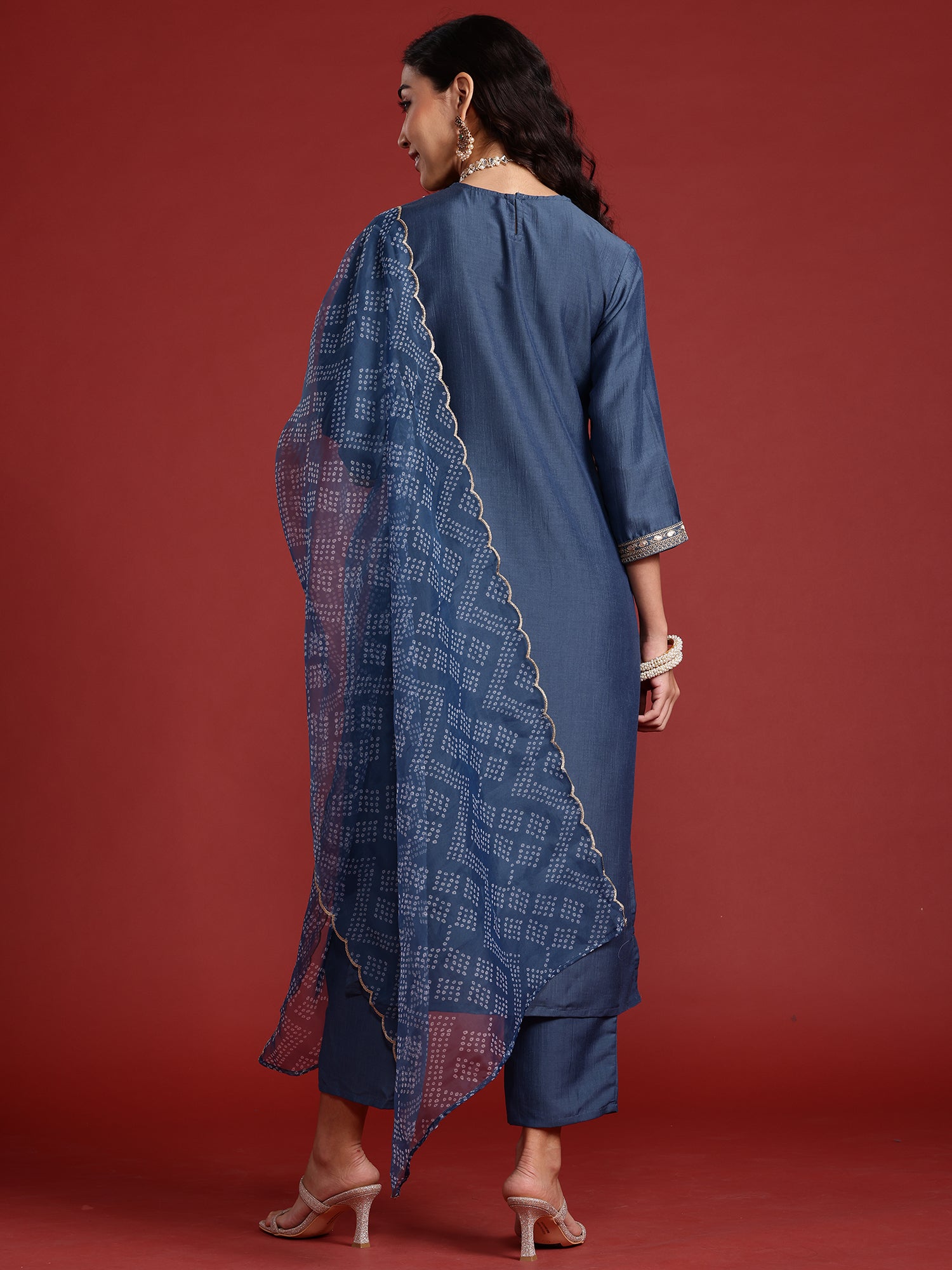 Grey Embroidered Straight Kurta Trousers With Dupatta Set