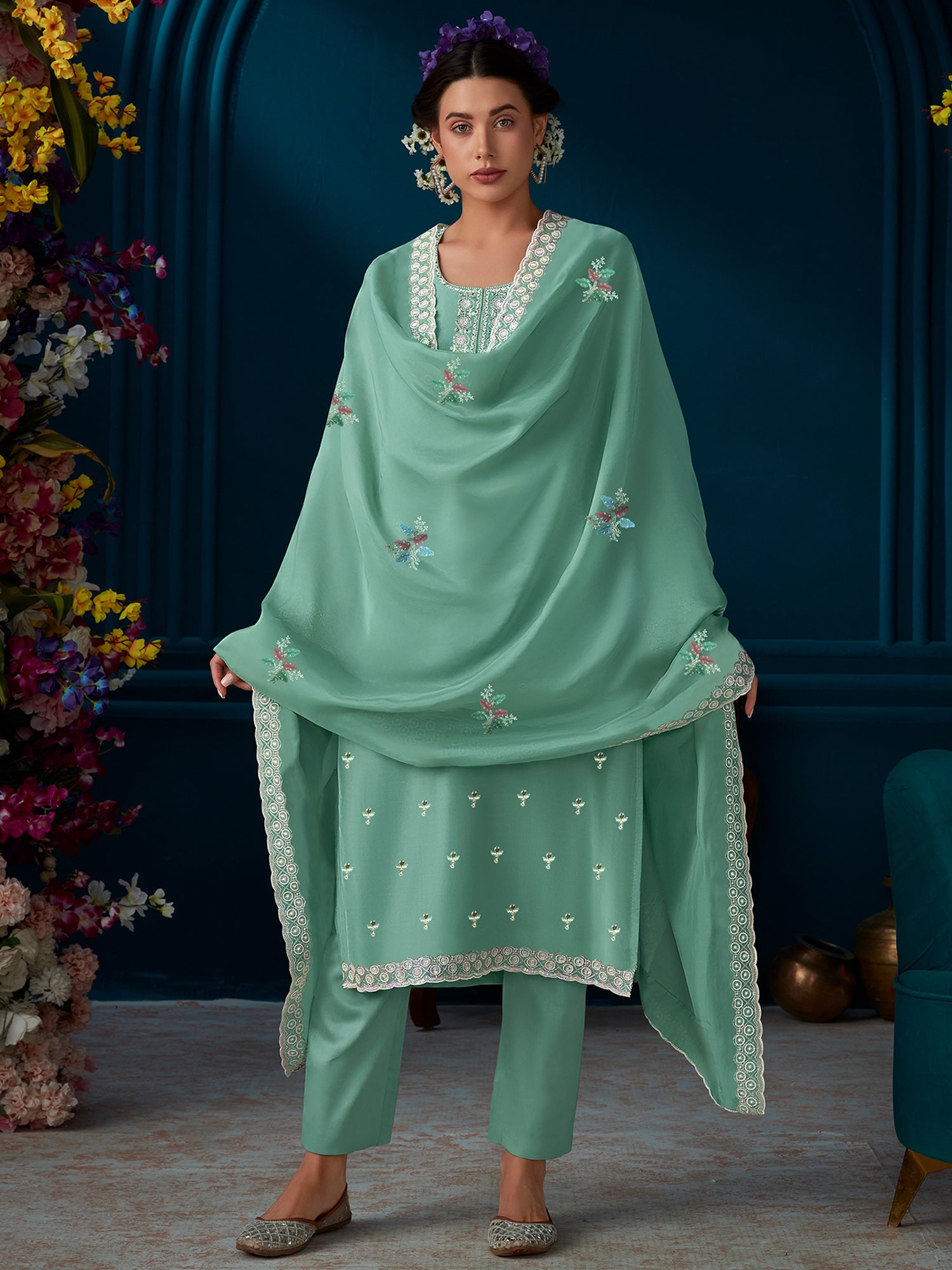 Green Straight Embroidered Kurta Trousers With Dupatta Set