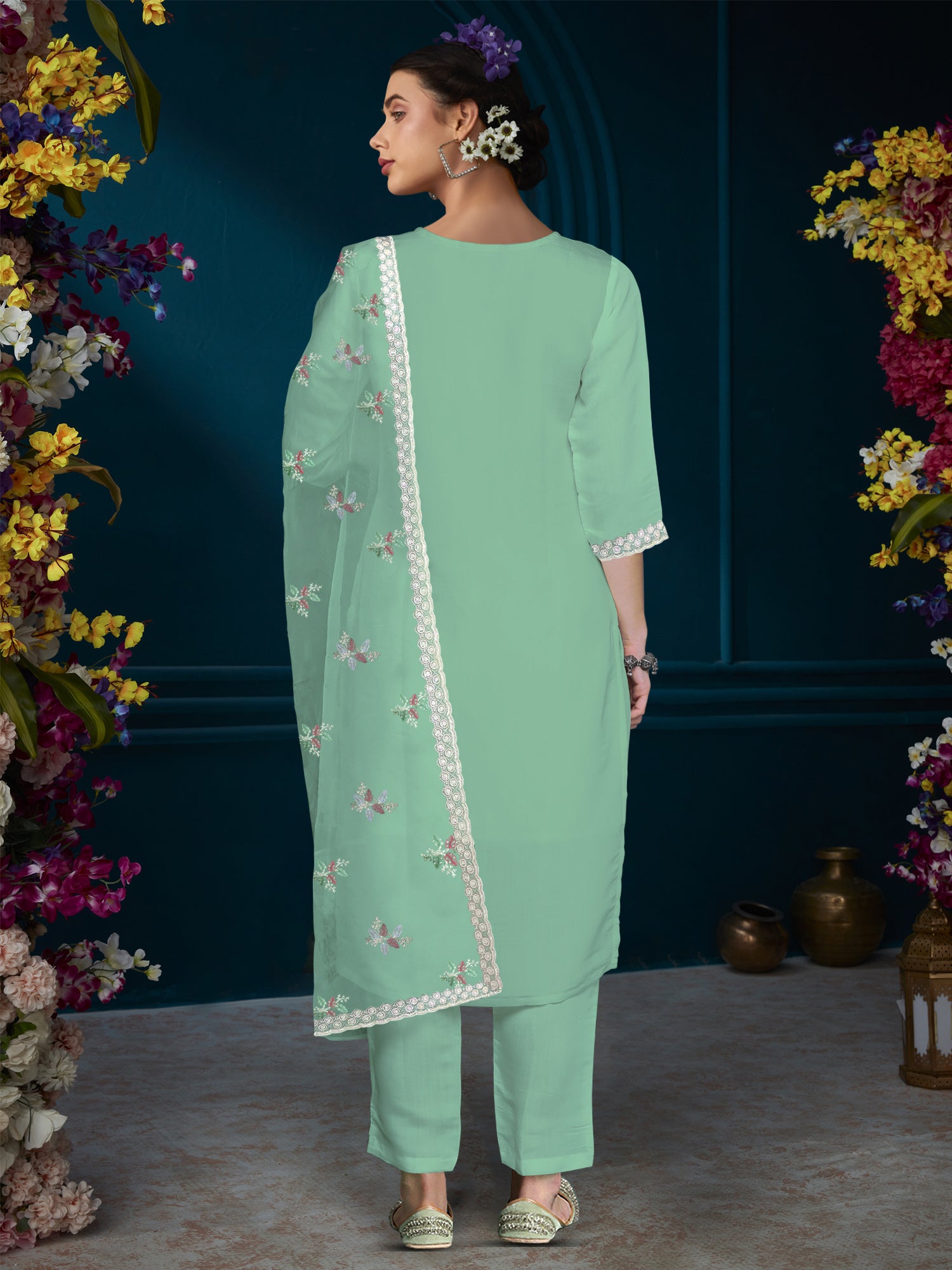 Green Straight Embroidered Kurta Trousers With Dupatta Set