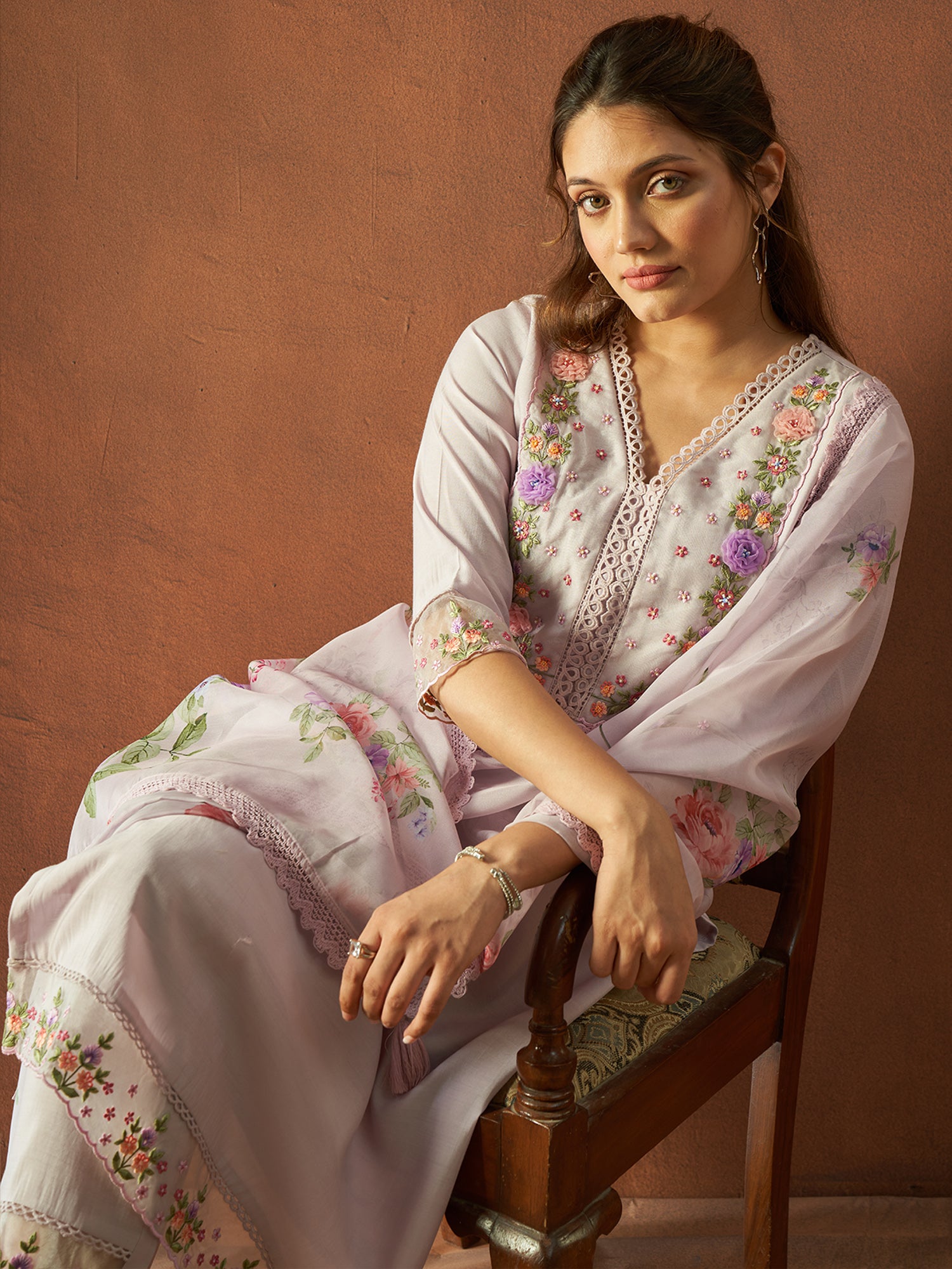 Lavender Embroidered Straight Kurta Trousers With Dupatta Set