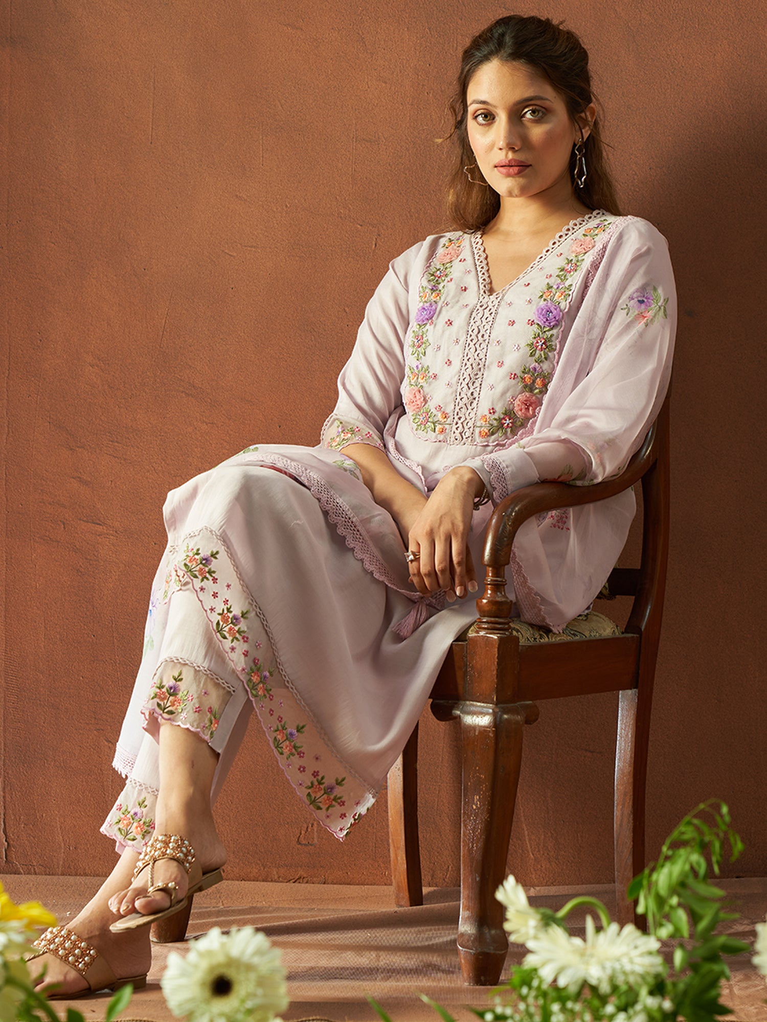 Lavender Embroidered Straight Kurta Trousers With Dupatta Set
