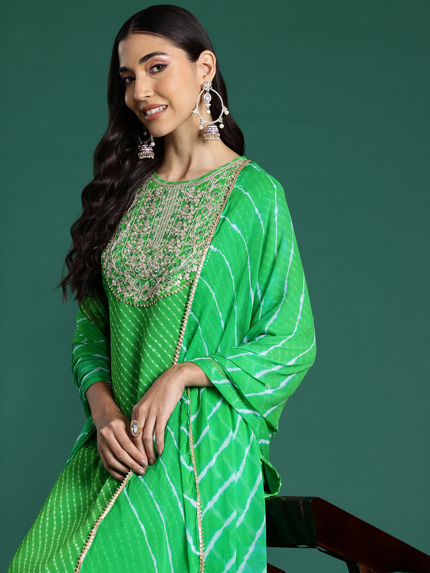 Green Printed Straight Kurta Trousers With Dupatta set