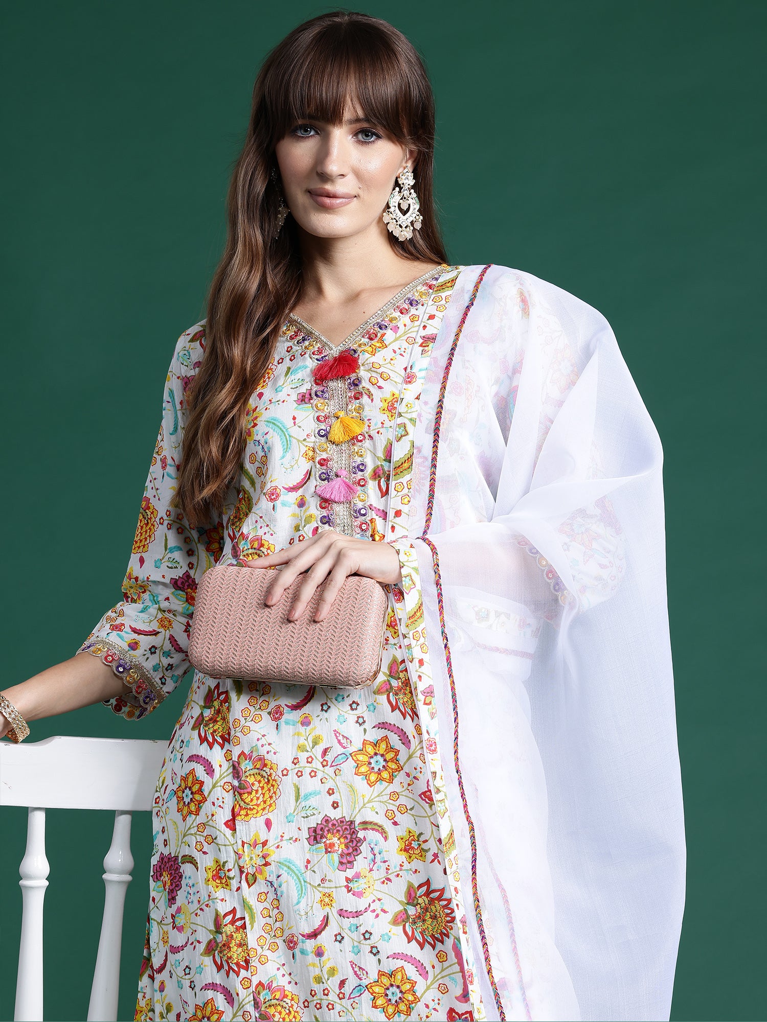 Off White Printed Straight Kurta Trousers With Dupatta set