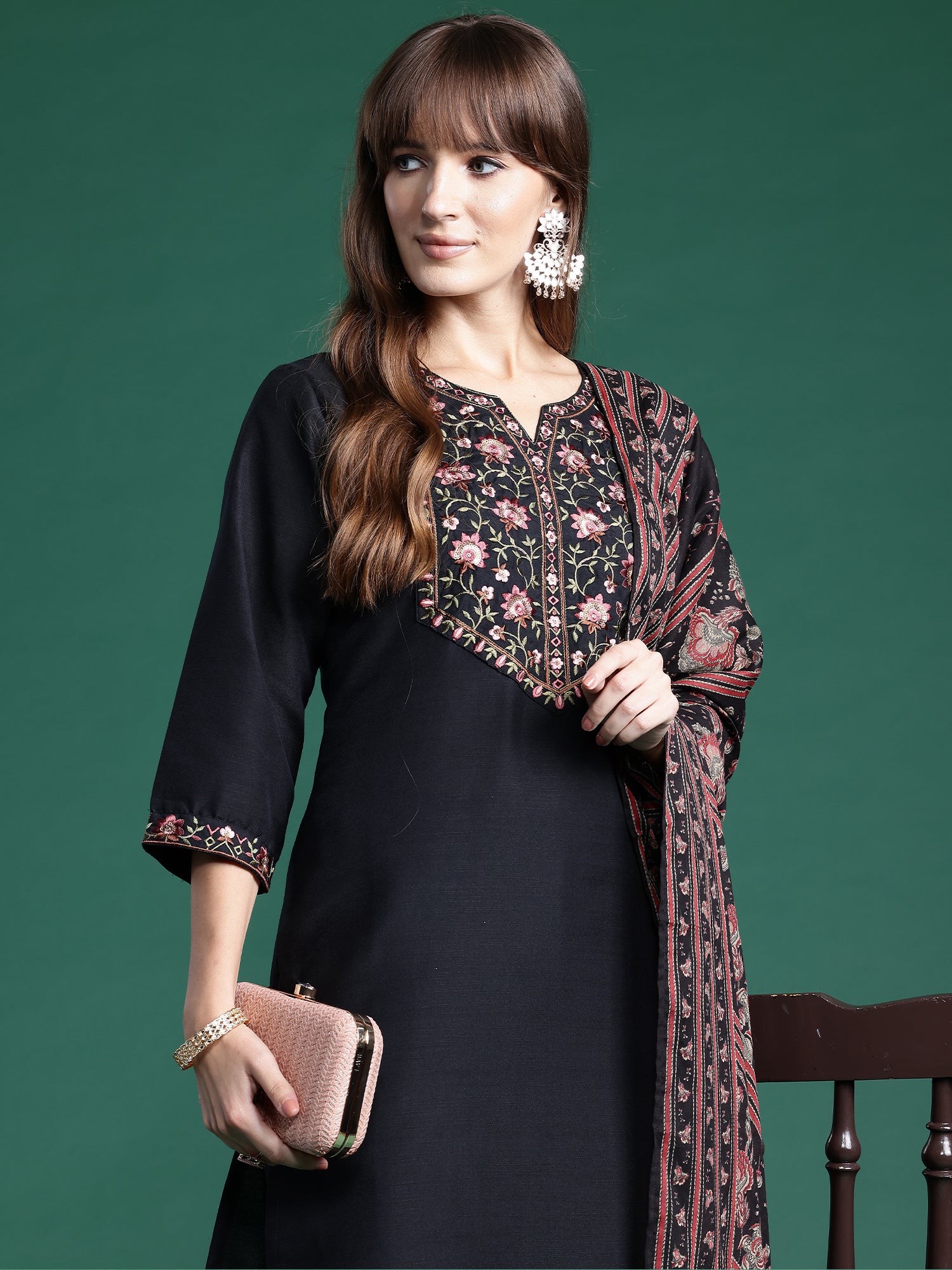 Black Embroidered Straight Kurta Trousers With Dupatta Set