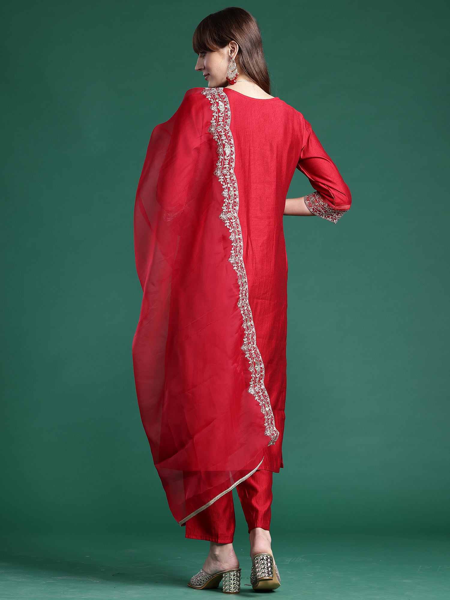Red Embroidered Straight Kurta Trousers With Dupatta Set