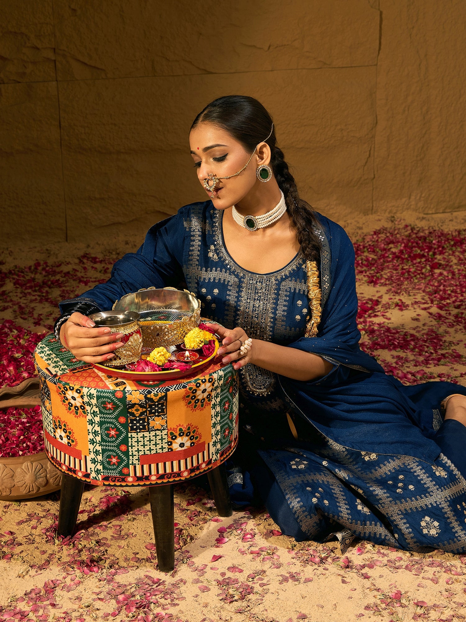 Blue Embroidered Straight Kurta Trousers With Dupatta Set