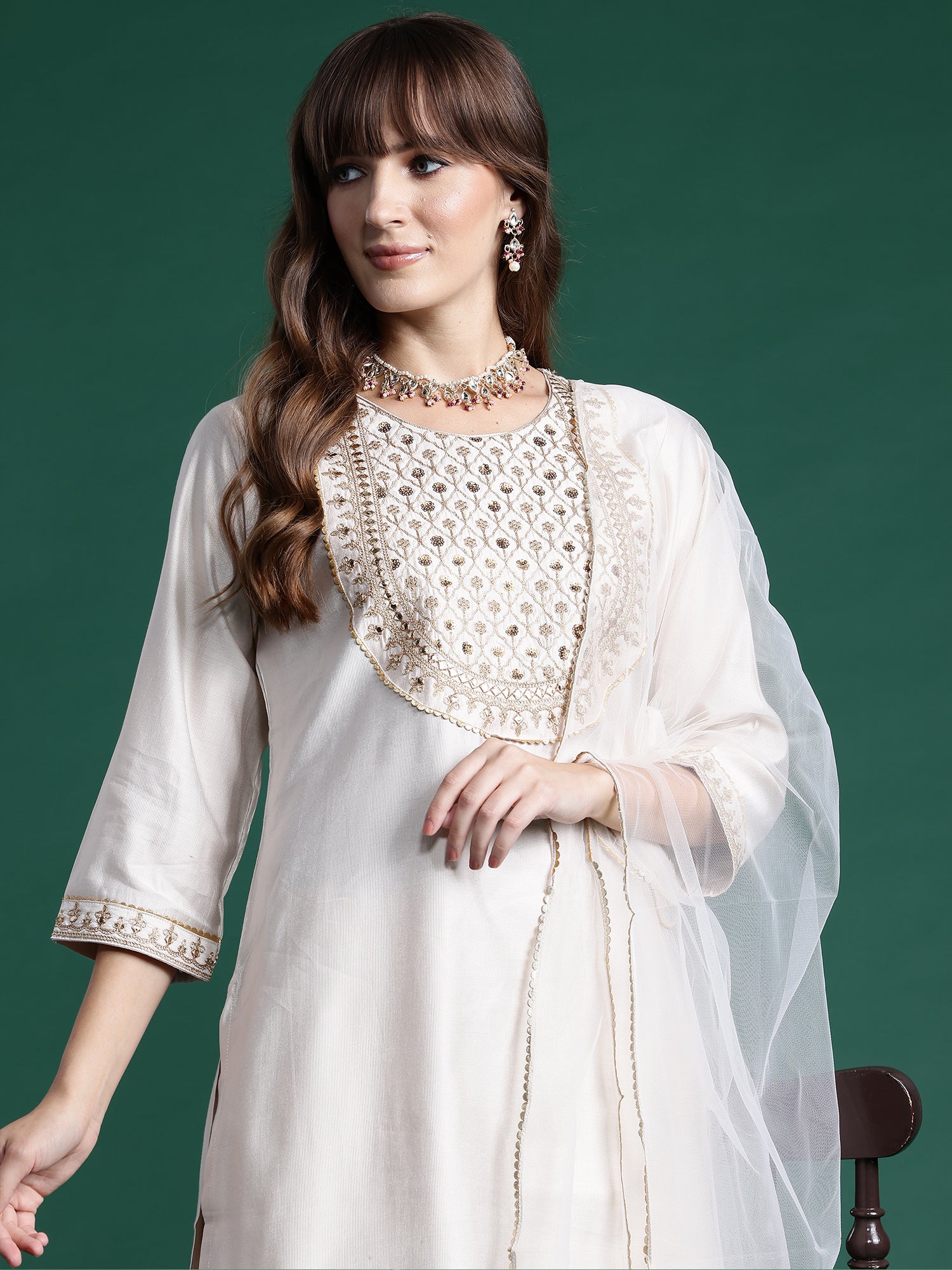 Off White Embroidered Straight Kurta Sharara With Dupatta Set
