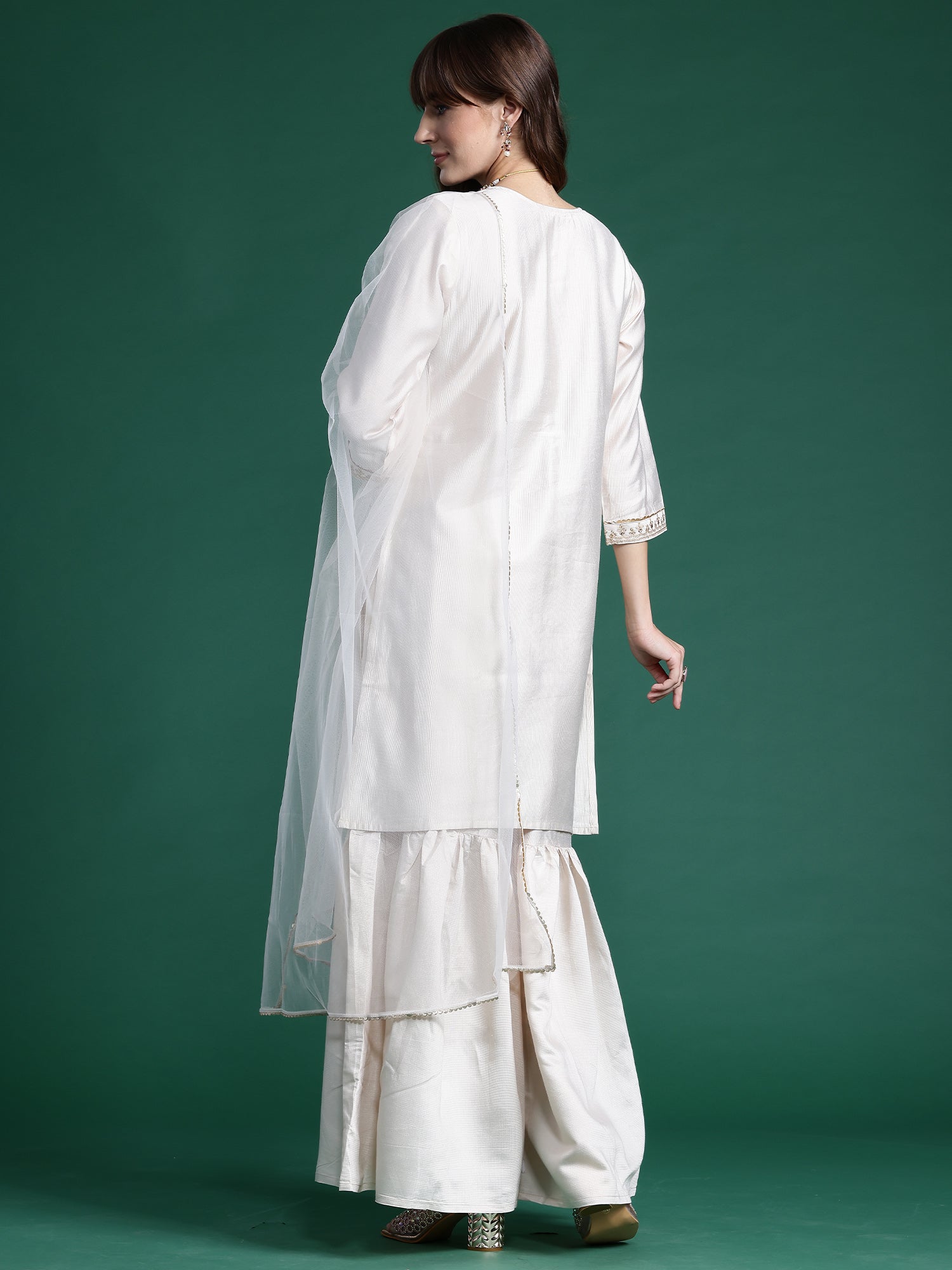 Off White Embroidered Straight Kurta Sharara With Dupatta Set